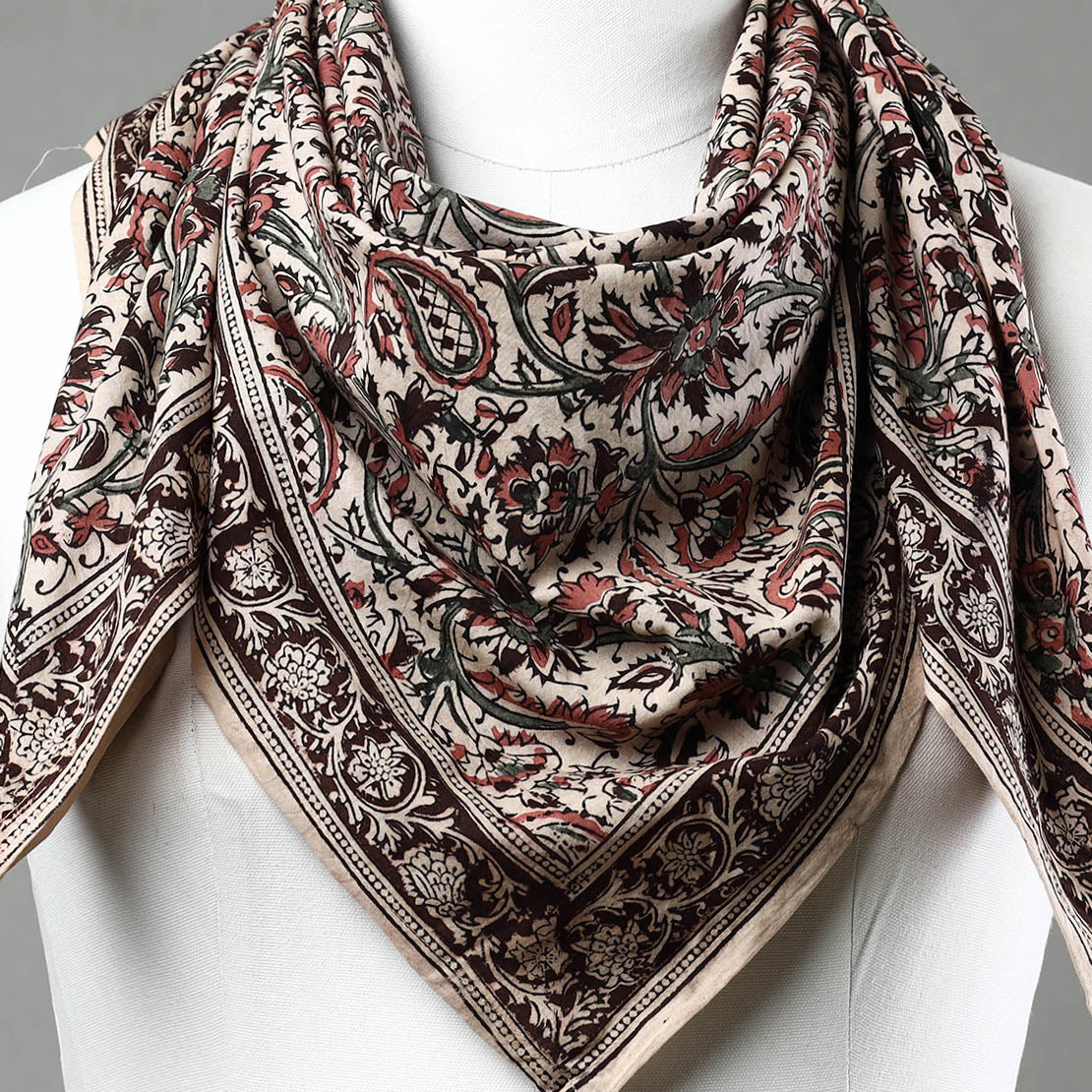 PITCHUKA SRINIVAS KALAMKARI PEDANA Beige - Pedana Kalamkari Block Printed Natural Dyed Cotton Scarf 50 - view 3