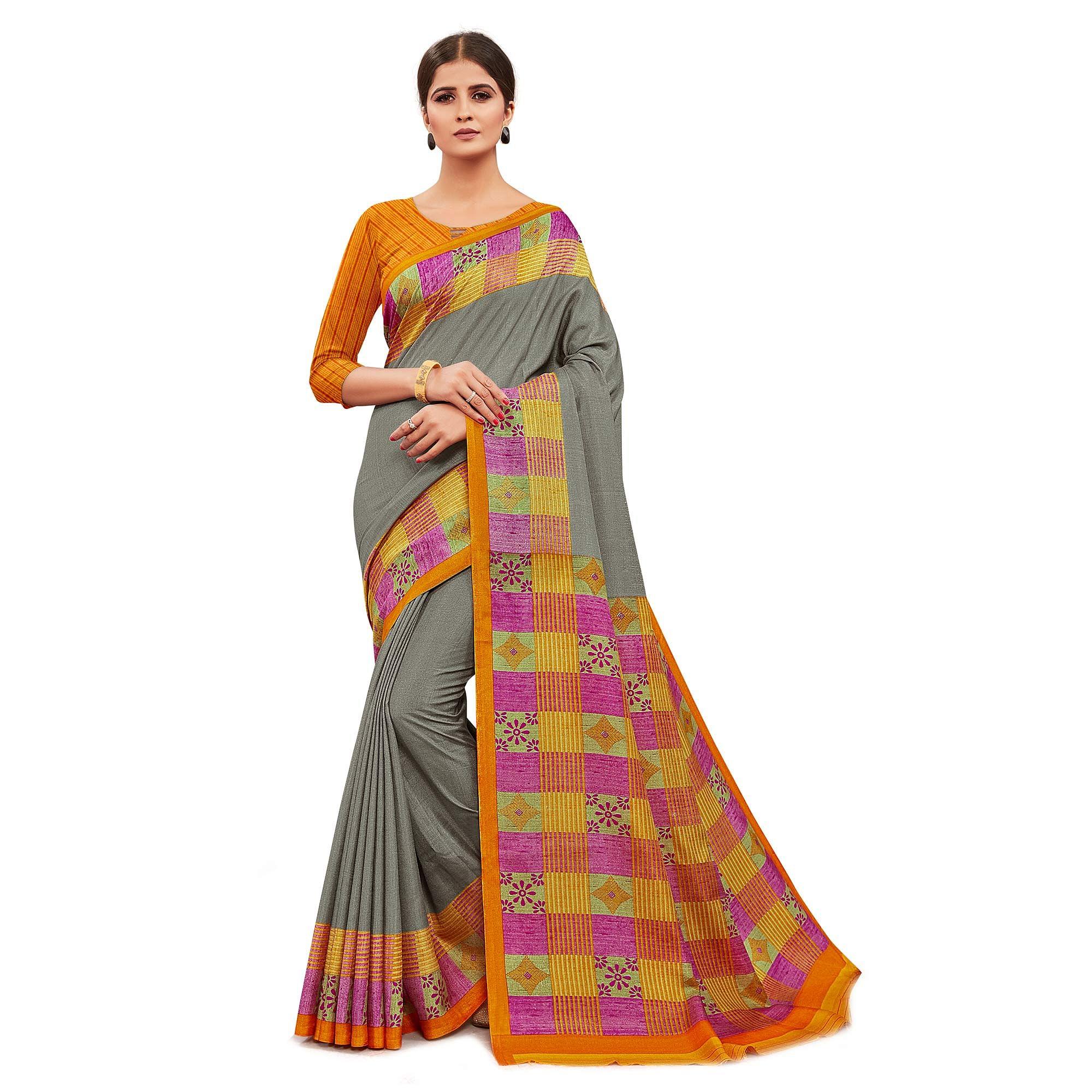 Peachmode Classy Grey Colored Casual Wear Printed Manipuri Cotton Saree