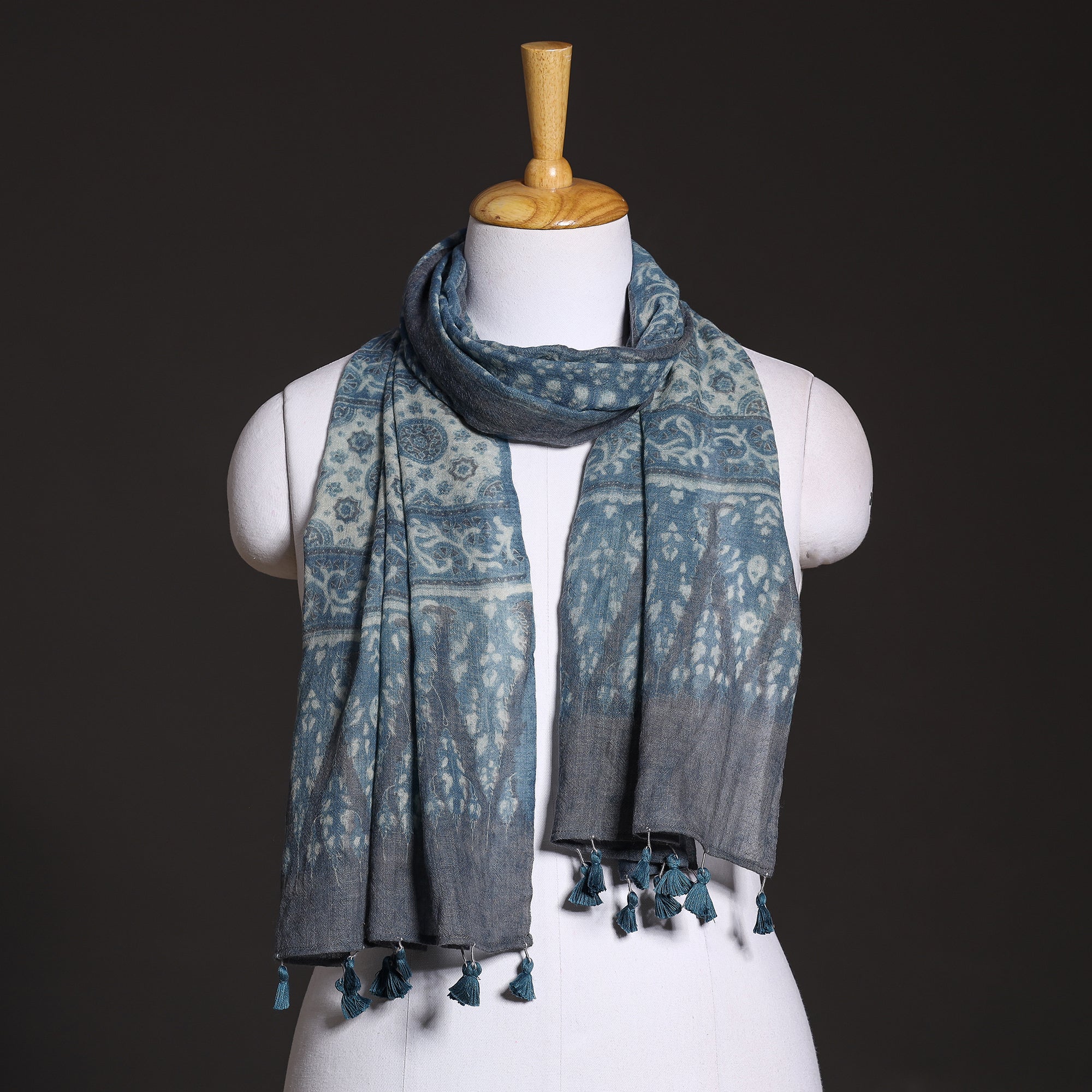 AJRAKH BY SUFIYAN ISMAIL KHATRI Blue - Ajrakh Hand Block Printed Pure Woolen Stole