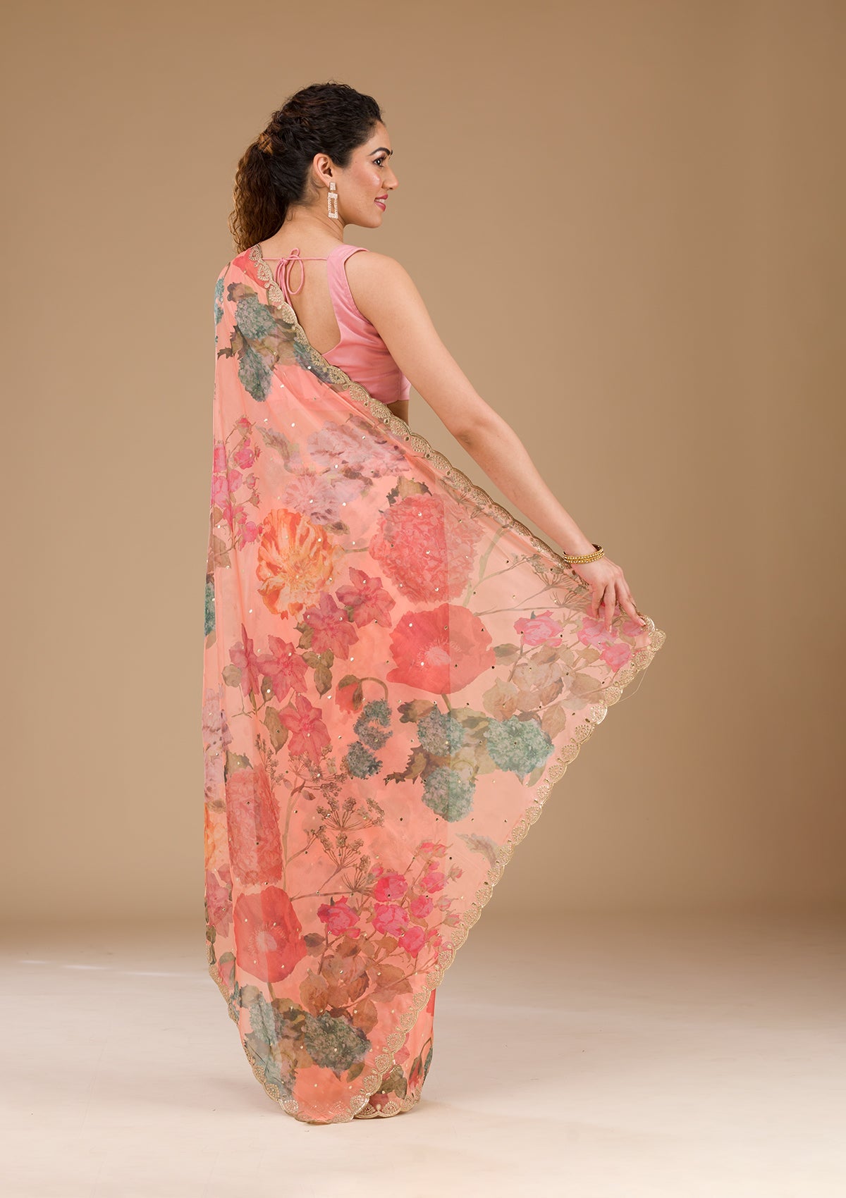 Koskii Peach Printed Tissue Saree – Women's - view 2