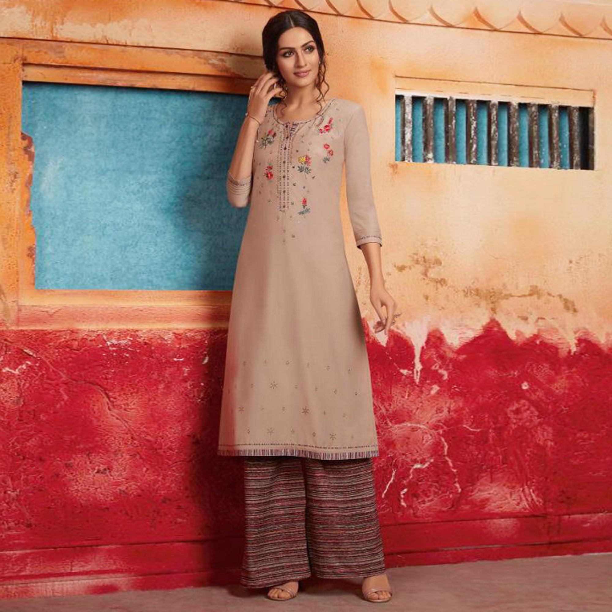 Peachmode Mesmerising Beige Colored Partywear Embroidered Pure Muslin-Silk Kurti-Palazzo Set