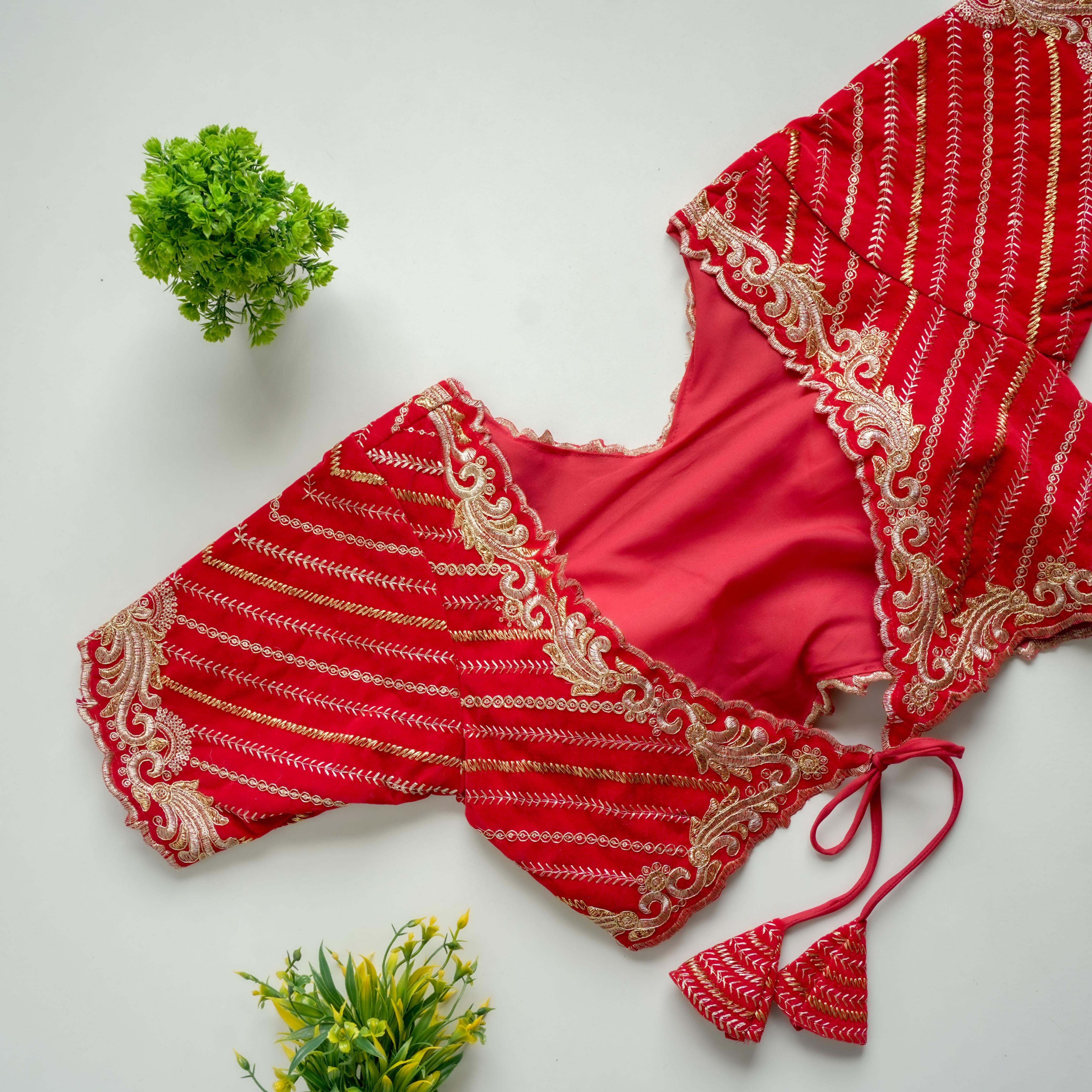 ClothsVilla Red Taffeta Silk Blouse with Golden Embroidery and Sequins - view 2