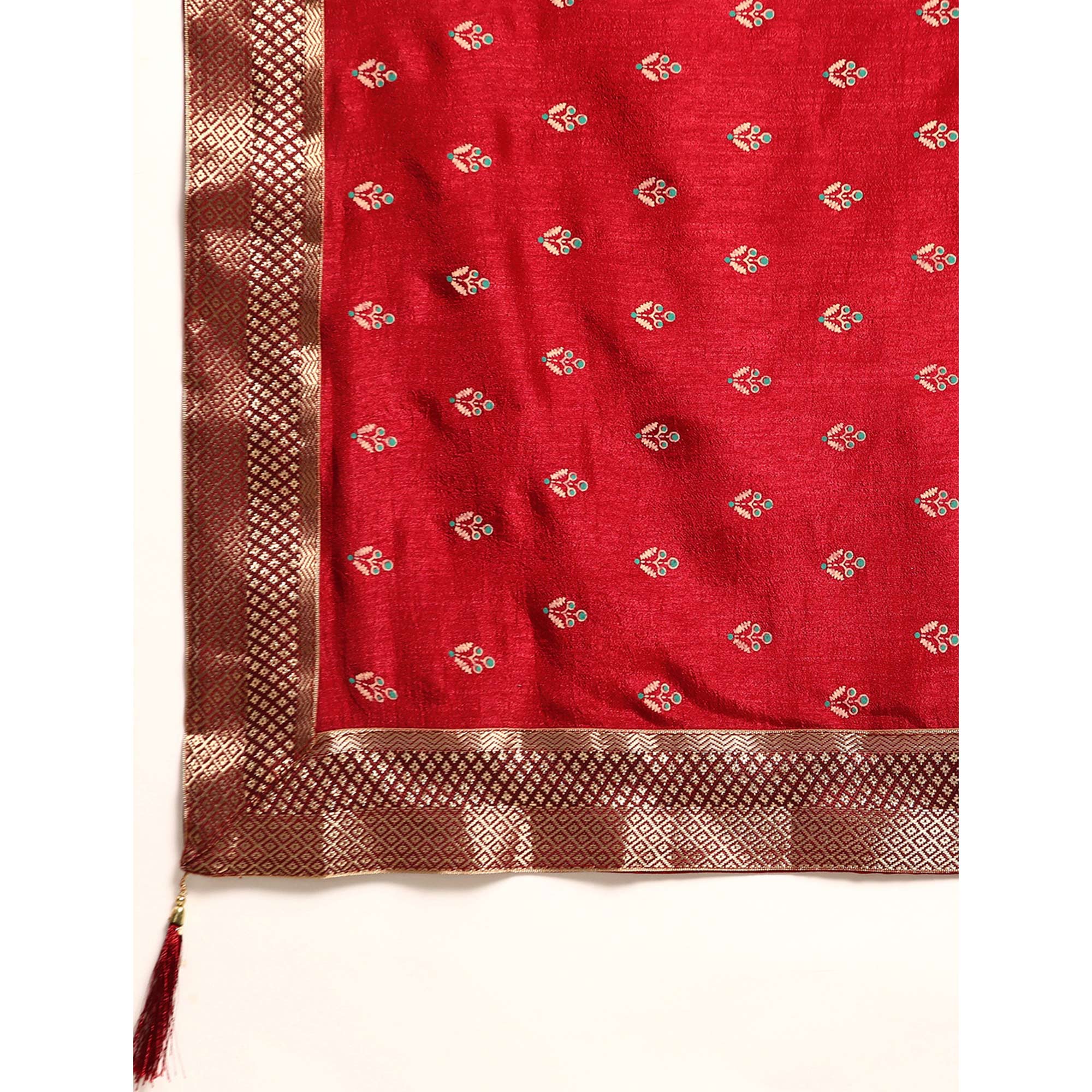 Peachmode Maroon Floral Printed Vichitra Silk Saree With Tassels - view 6