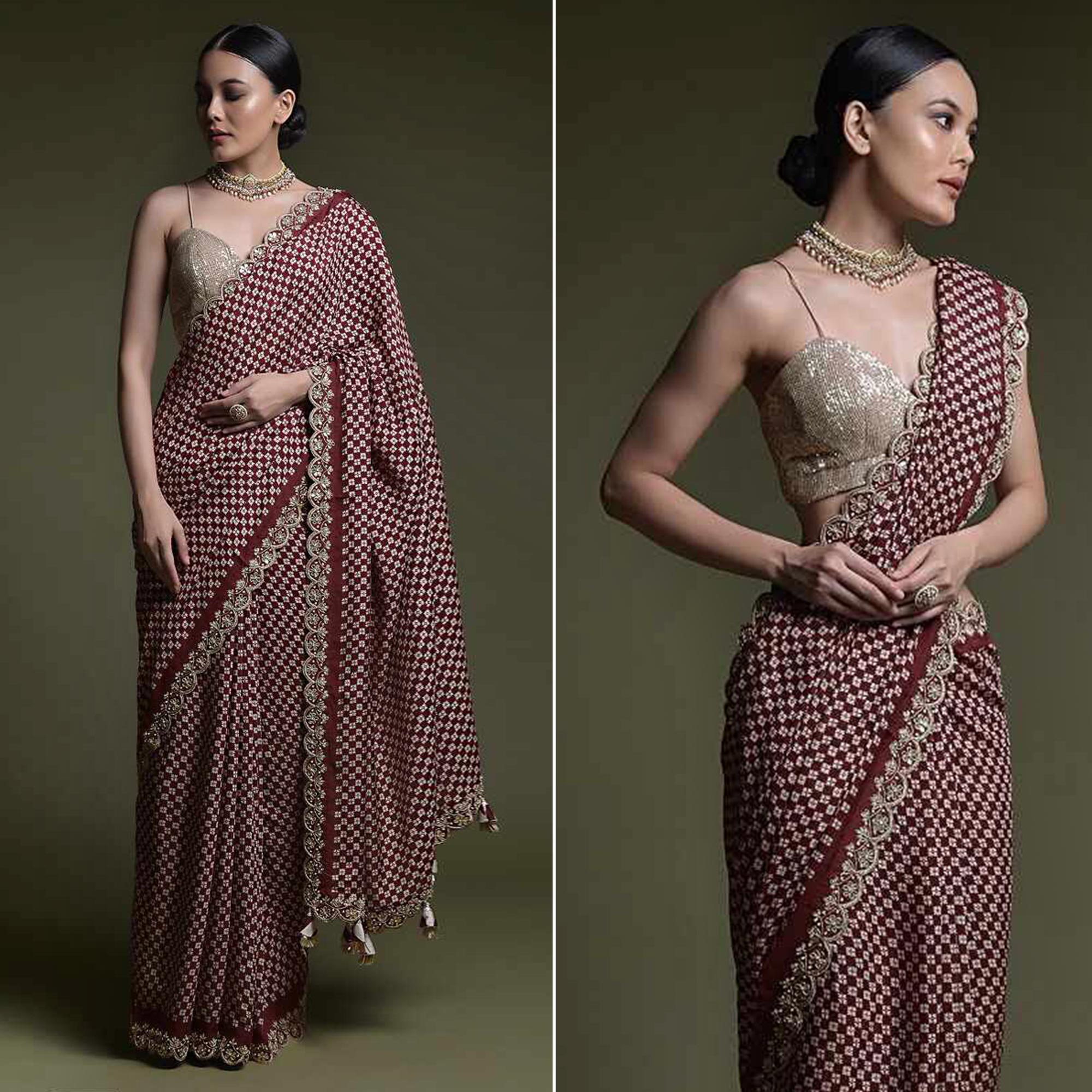 Peachmode Maroon Printed With Embroidered Border Chinon Saree