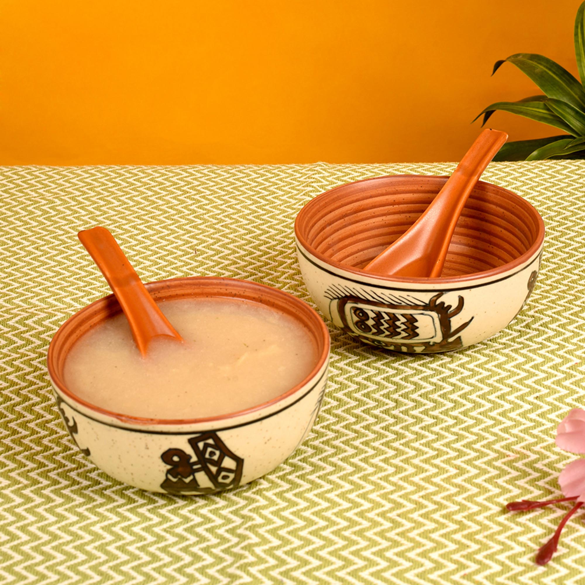 ART CREATIONS BY SUMAN SONTHALIA Beige - Soup Bowl Ceramic Tribal Motif with spoon (Set of 2) (2.2x5)