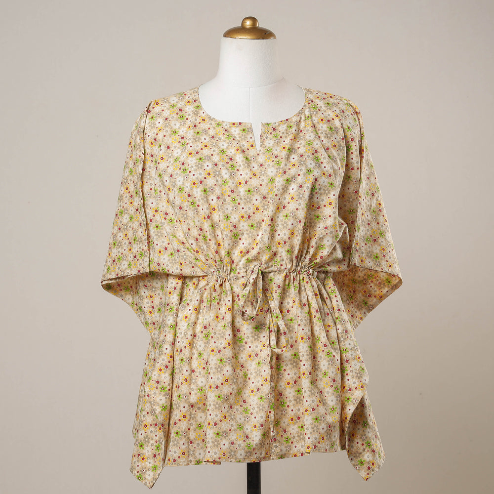 CHUTNEY CRAFT STUDIO Beige - Sanganeri Printed Cotton Kaftan with Tie-Up Waist (Short)