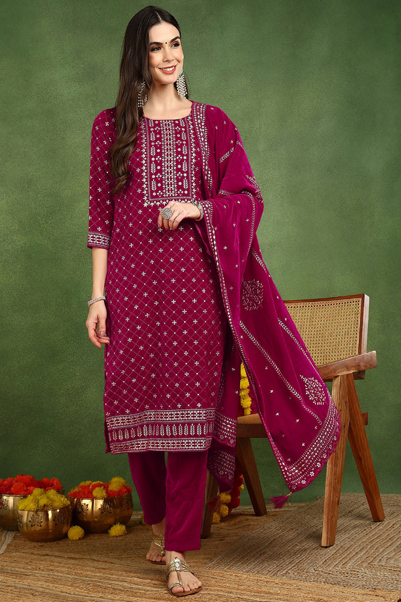 Ahika Pink Velvet Ethnic Motifs Printed Straight Suit Set PKSKD2766 - view 2