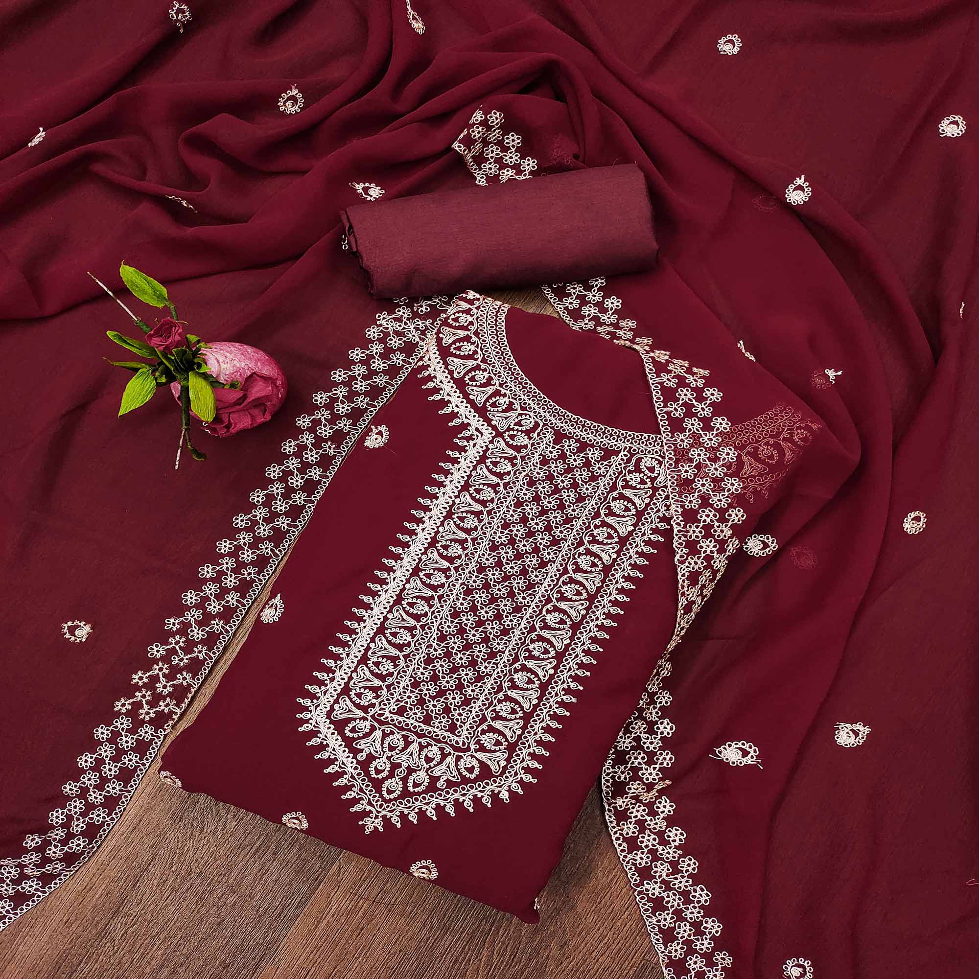 Peachmode Maroon Embroidered Georgette Dress Material