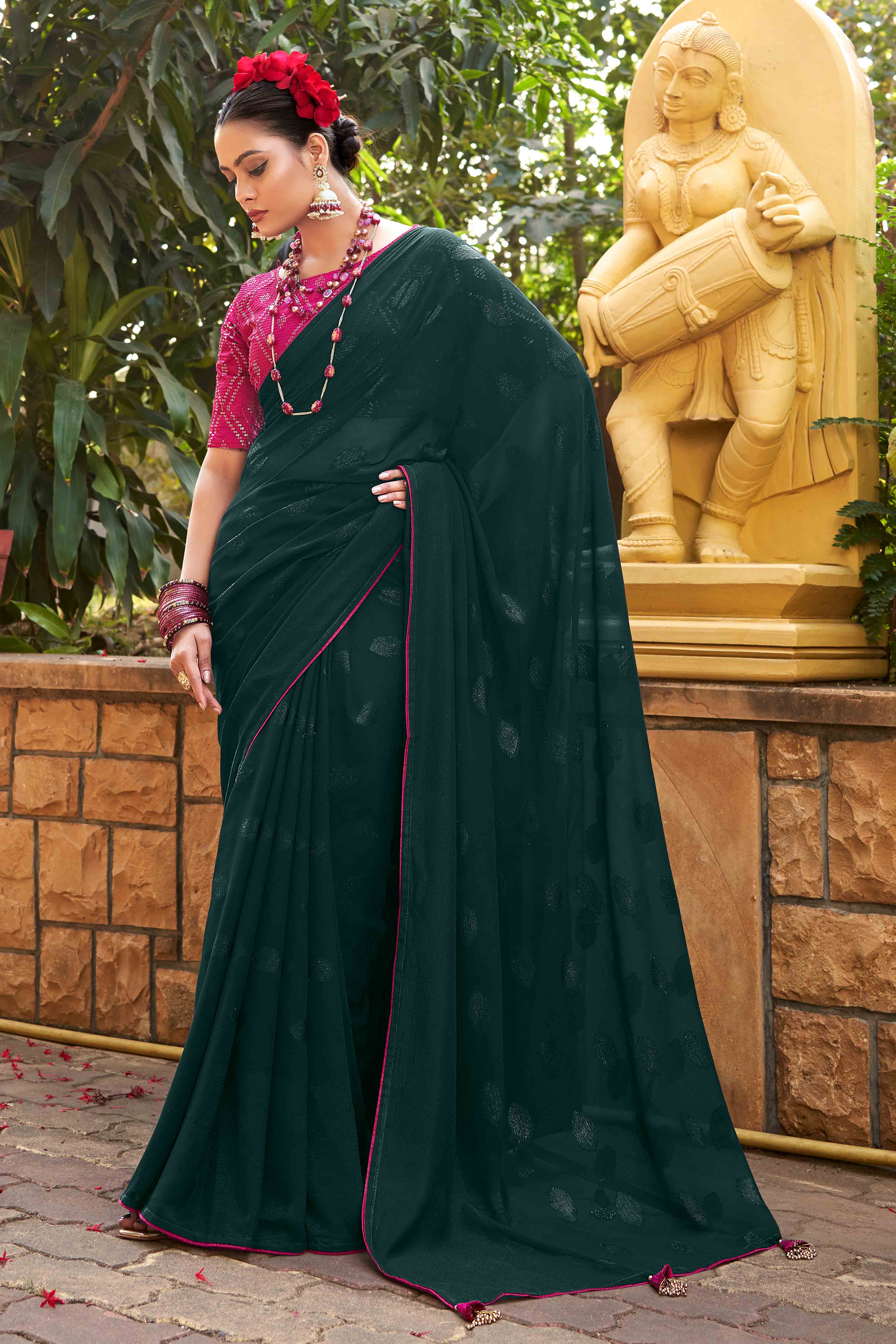Peachmode Deep Sea Green Woven Georgette Saree With Tassels