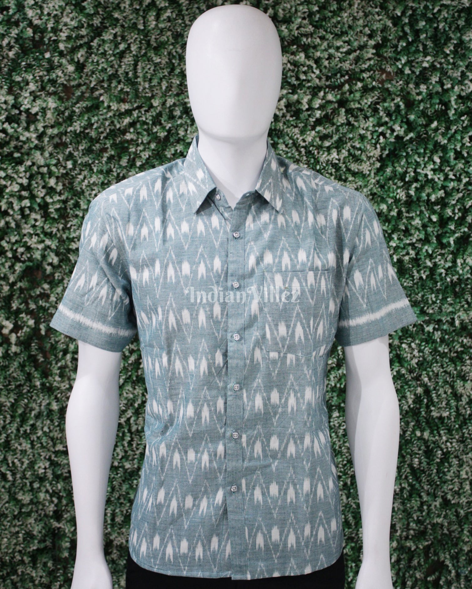 IndianVillèz Mint Green Odisha Ikat Cotton Half Sleeve Shirt for Men