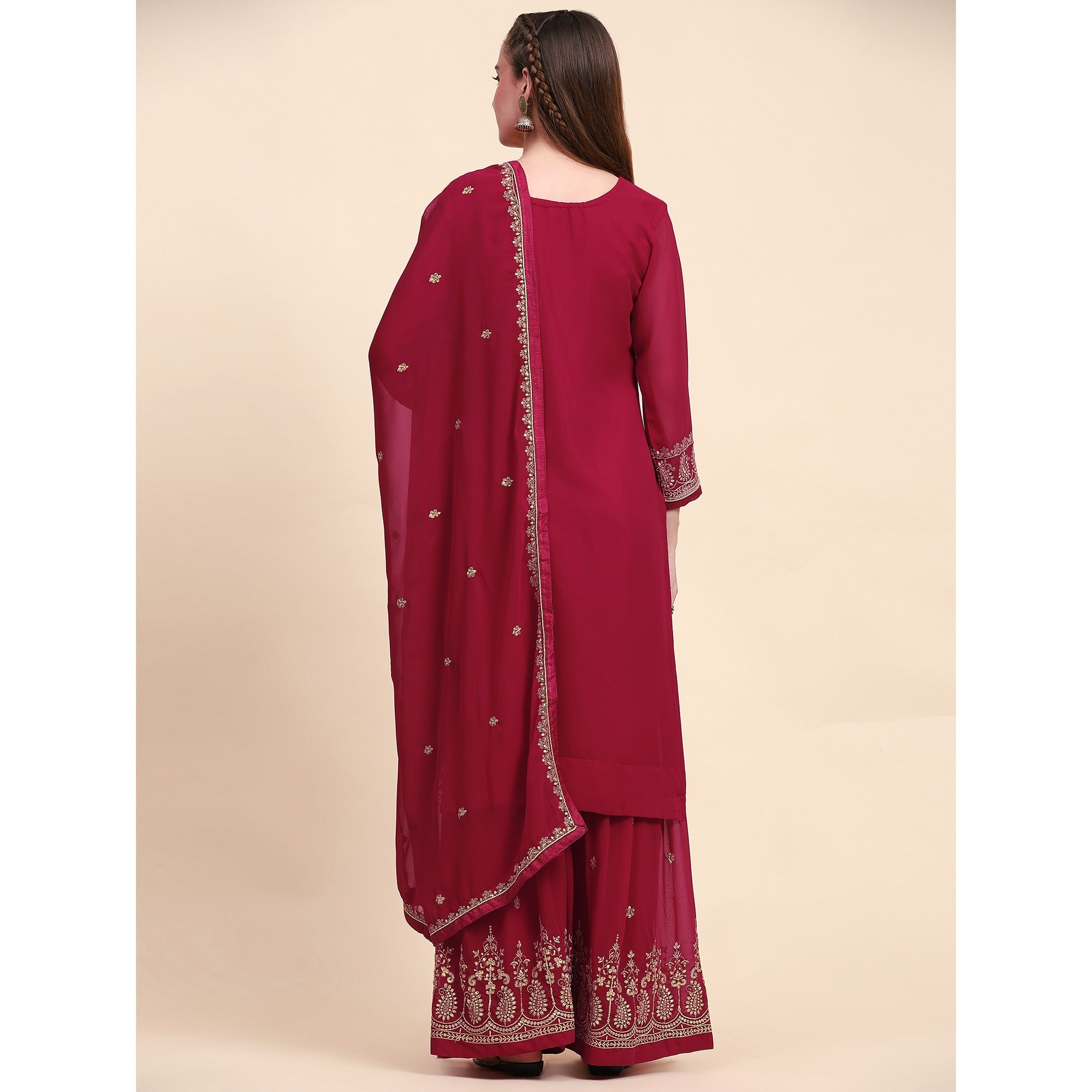 Peachmode Maroon Floral Embroidered Georgette Semi Stitched Suit - view 8