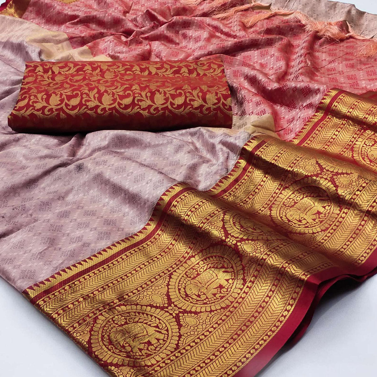 Peachmode Grey Woven Cotton Silk Saree With Tassels - view 2