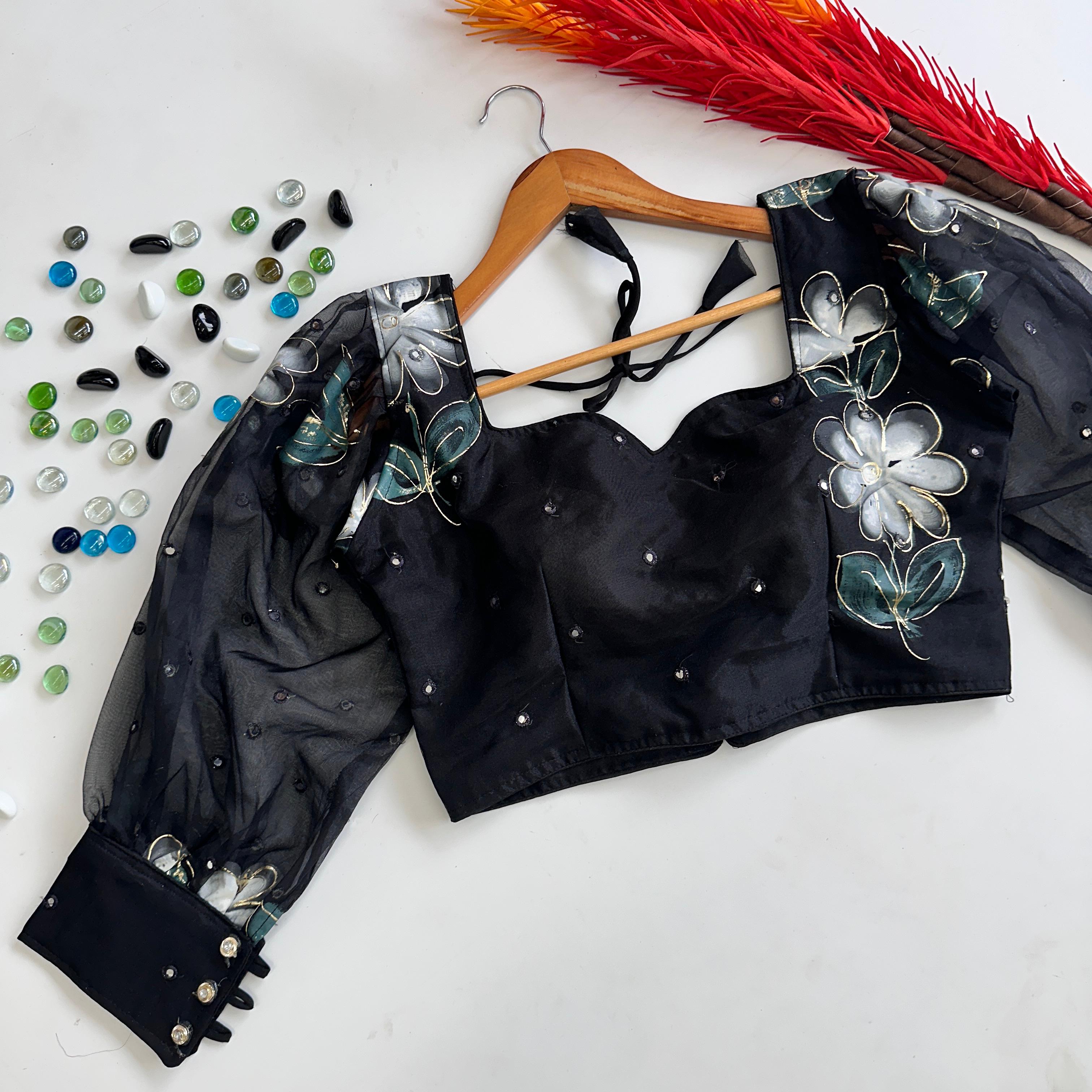 ClothsVilla Black Hand-Painted Organza Silk Blouse with Embroidery Accents