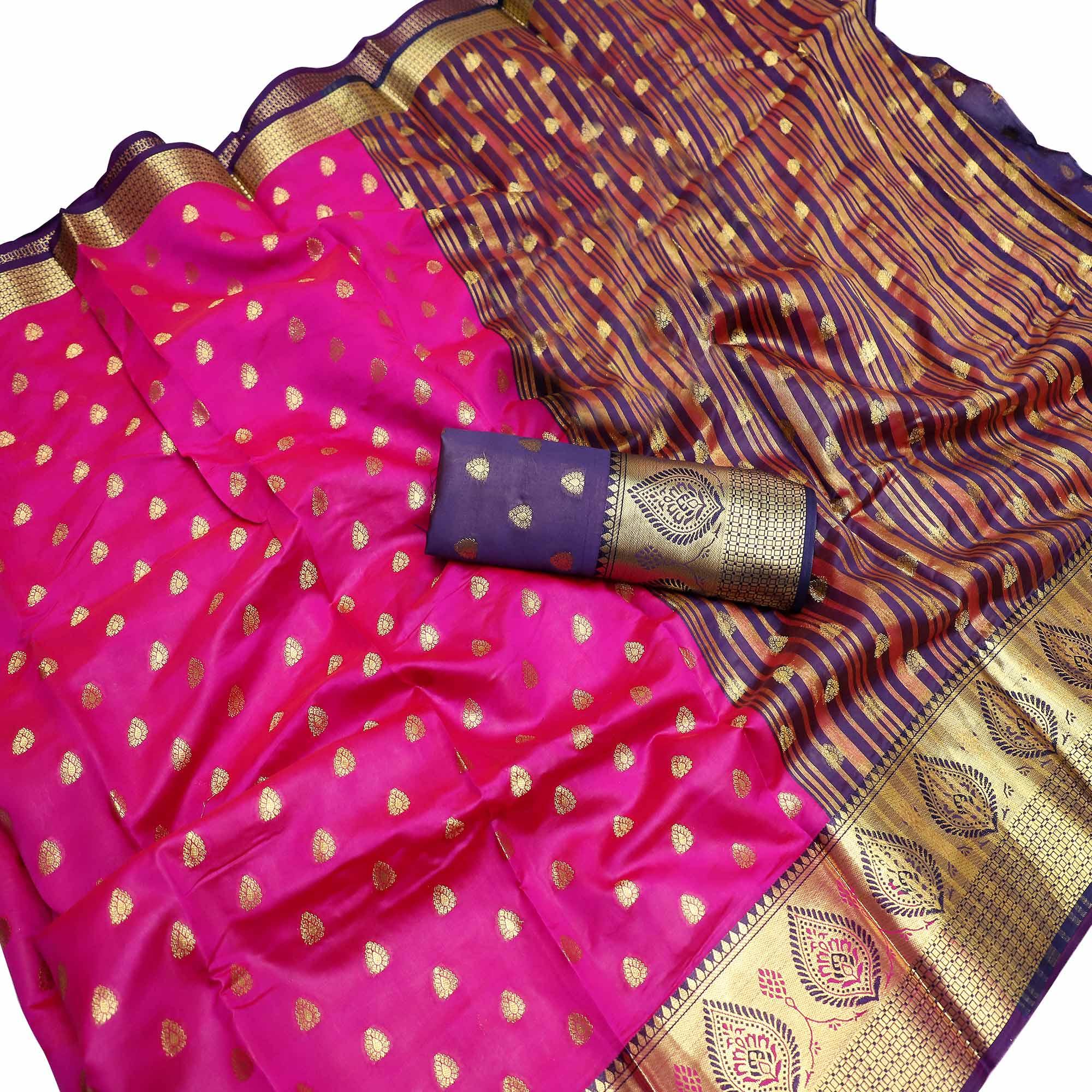 Peachmode Glowing Hot Pink Colored Festive Wear Woven Litchi Kota Silk Saree