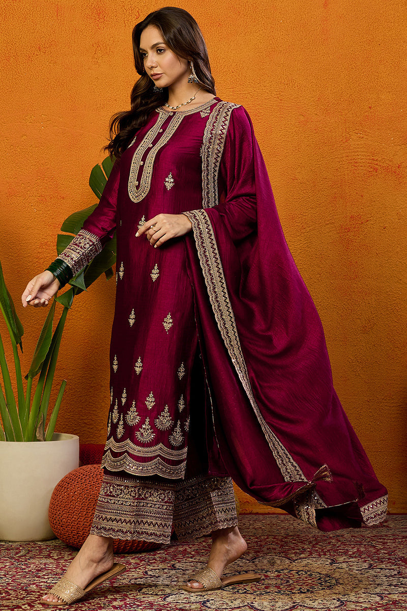Ahika Maroon Silk Blend Solid Embroidered Straight Suit Set PKSKD2442 - view 4