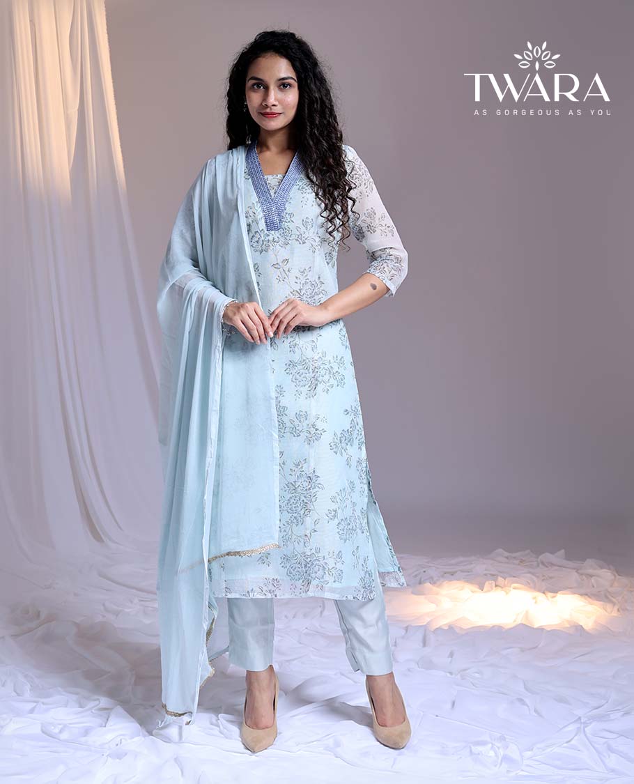 Solid pants dupatta – Pothys Twara Blue readymade suit,floral vine printed & V-neck embroidery straight-cut kota cotton top,solid pants & dupatta