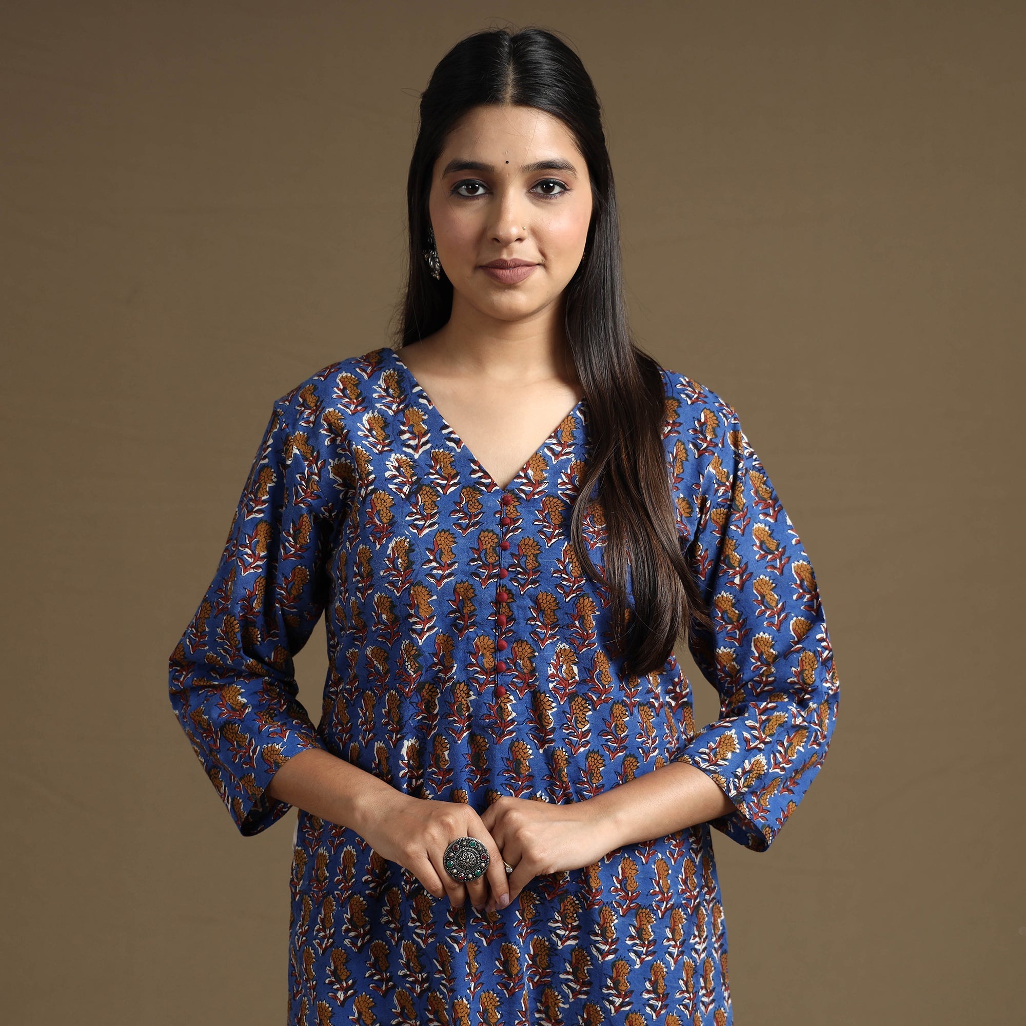 ITOKRI CASUALS Blue - Bagru Hand Block Printed Cotton Long Straight Kurta