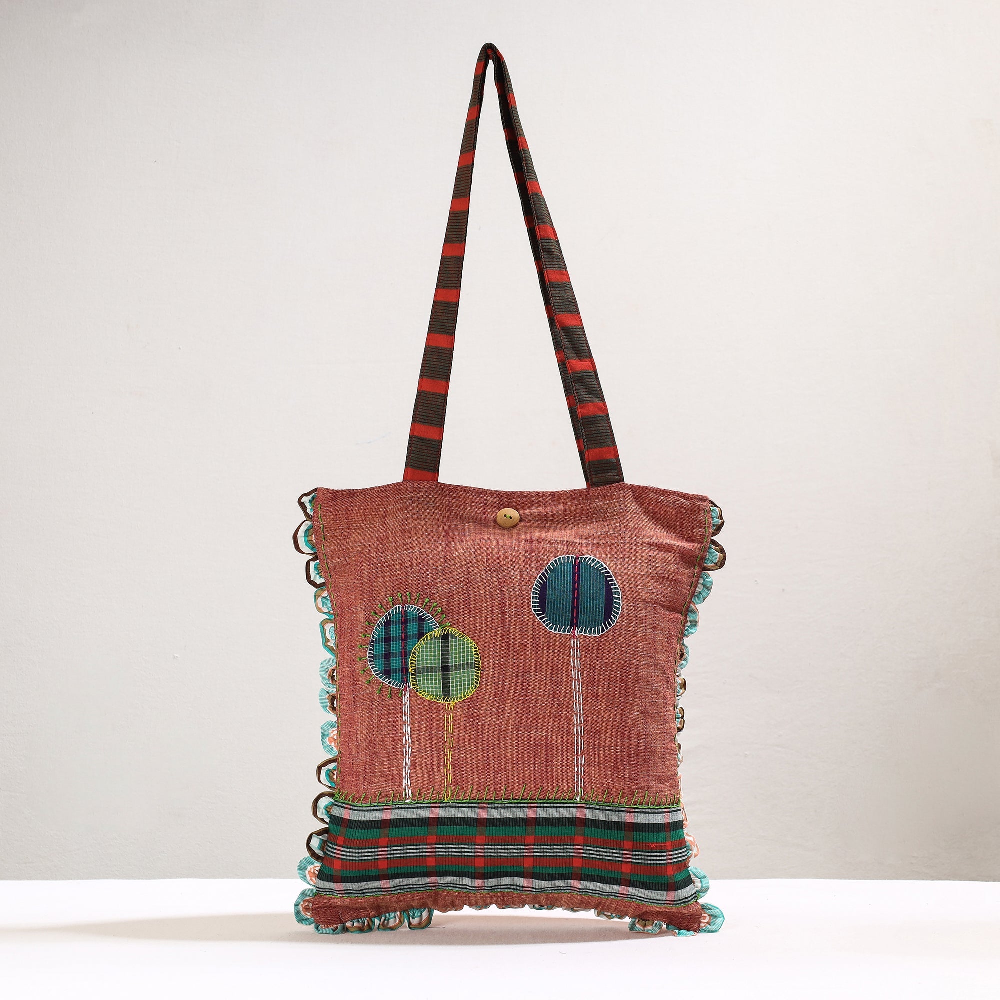 RANGILA DHAGA Brown - Handmade Gamcha Fabric Embroidered Applique Work Hand Bag