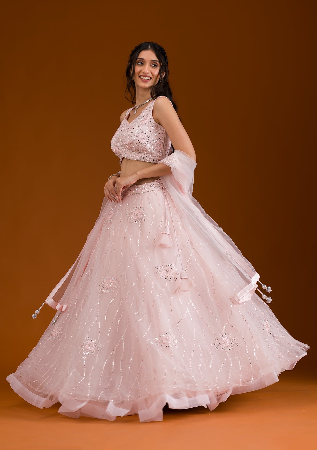 Koskii Peach Stonework Net Readymade Lehenga – Women's