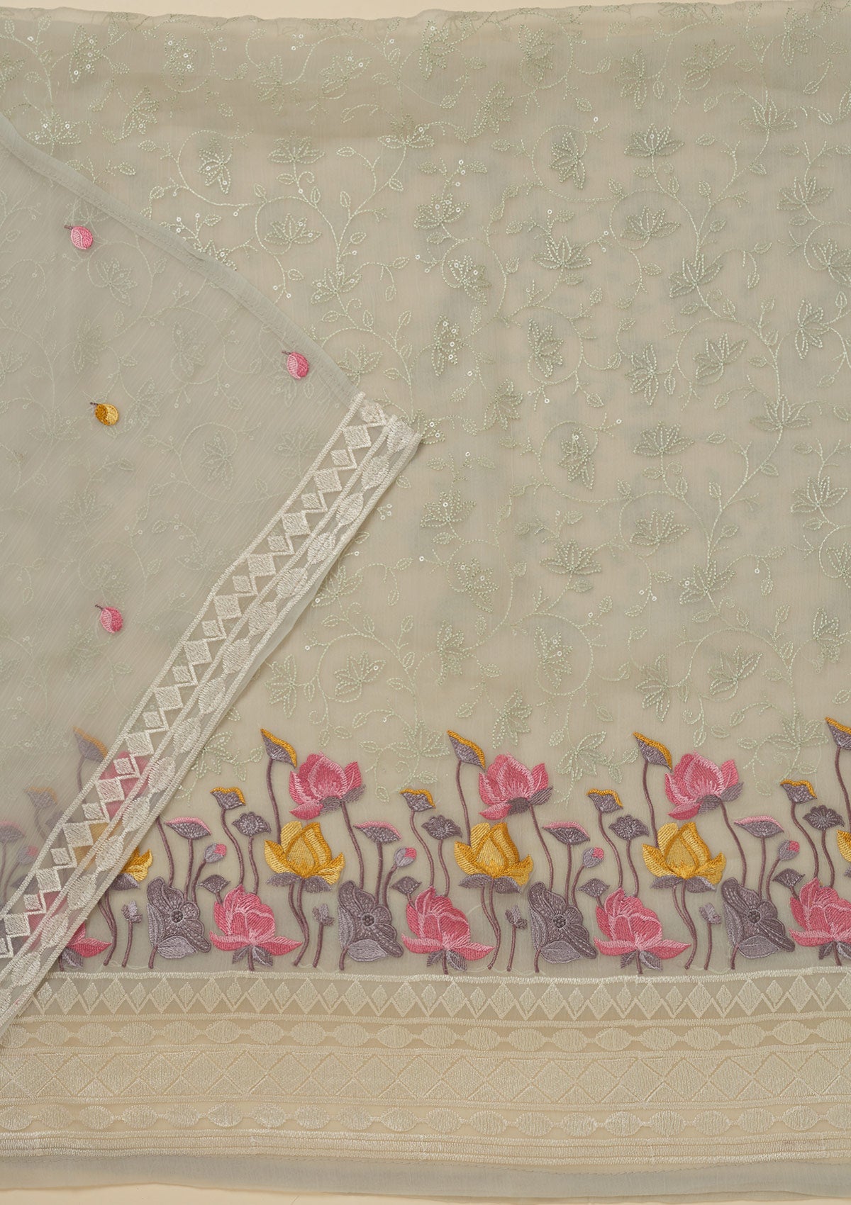 Koskii Light Grey Threadwork Organza Unstitched Salwar Suit - view 3