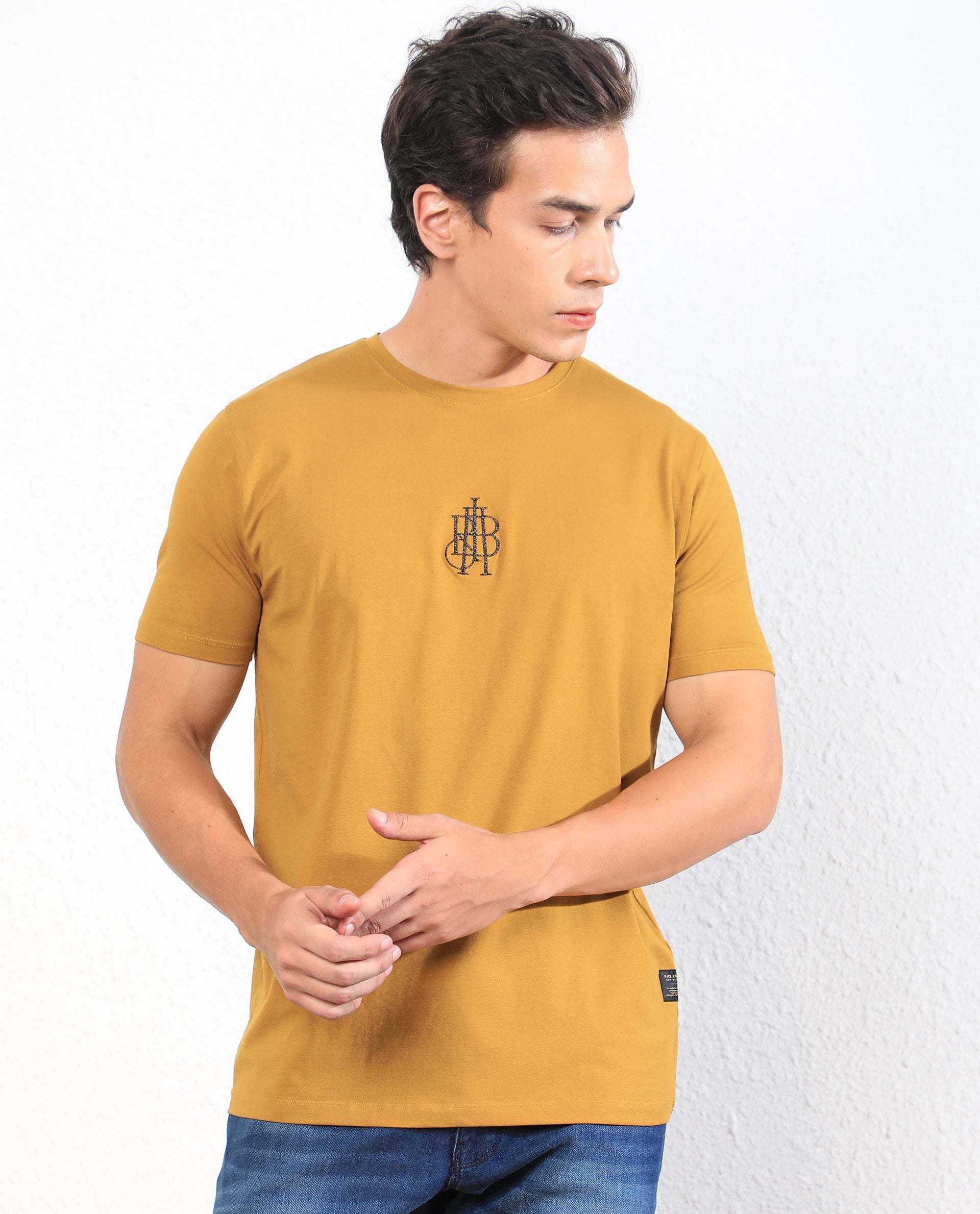 Rare Rabbit Men's Ware Mustard Cotton Lycra Fabric Crew Neck Half Sleeves Regular Fit Embroidered Monogram T-Shirt - view 6