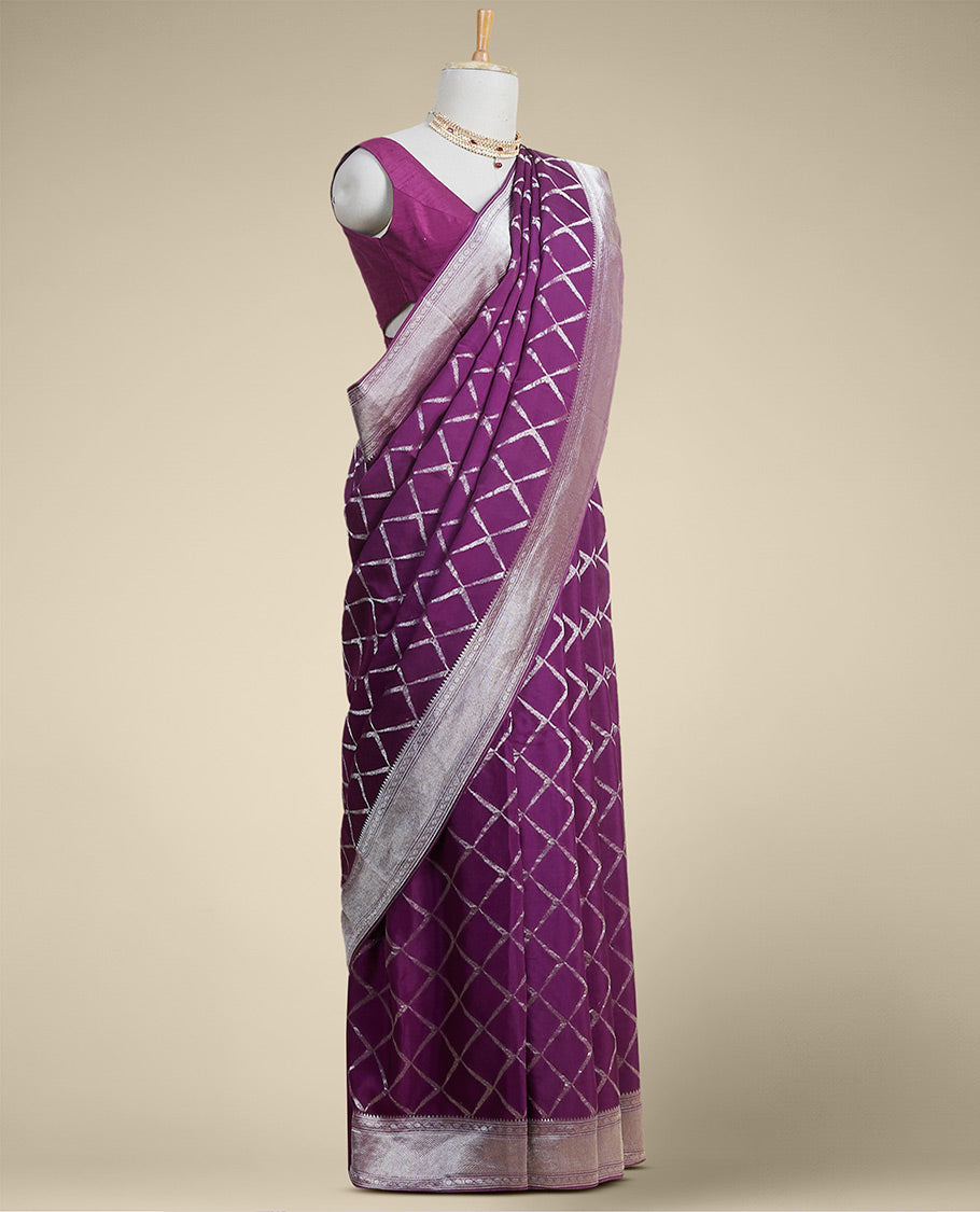 Pothys Purple checked mysore silk saree with contrast intricate zari design border - view 2