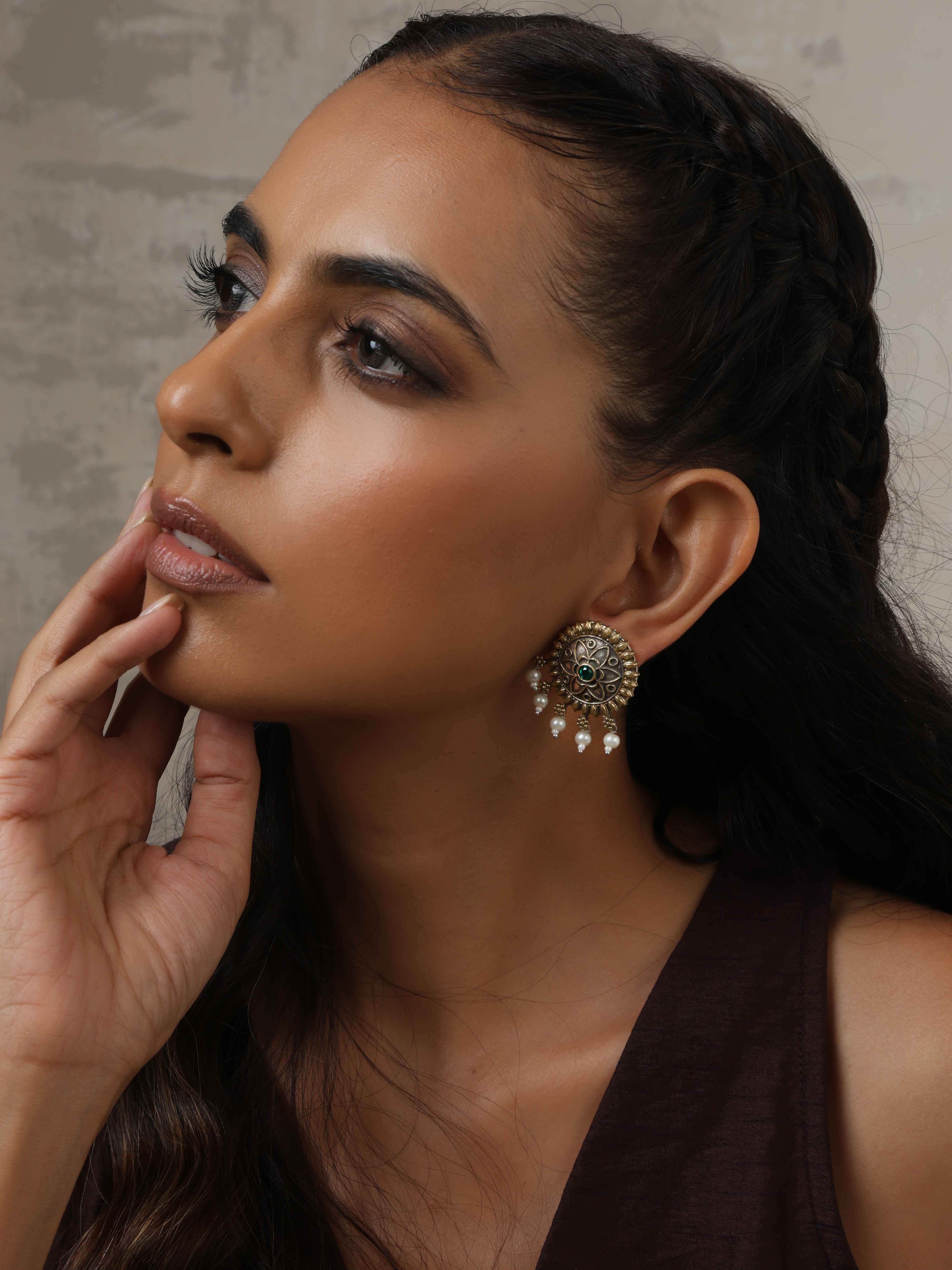 trueBrowns Silver Gold Tone Floral Stud Earrings - view 2