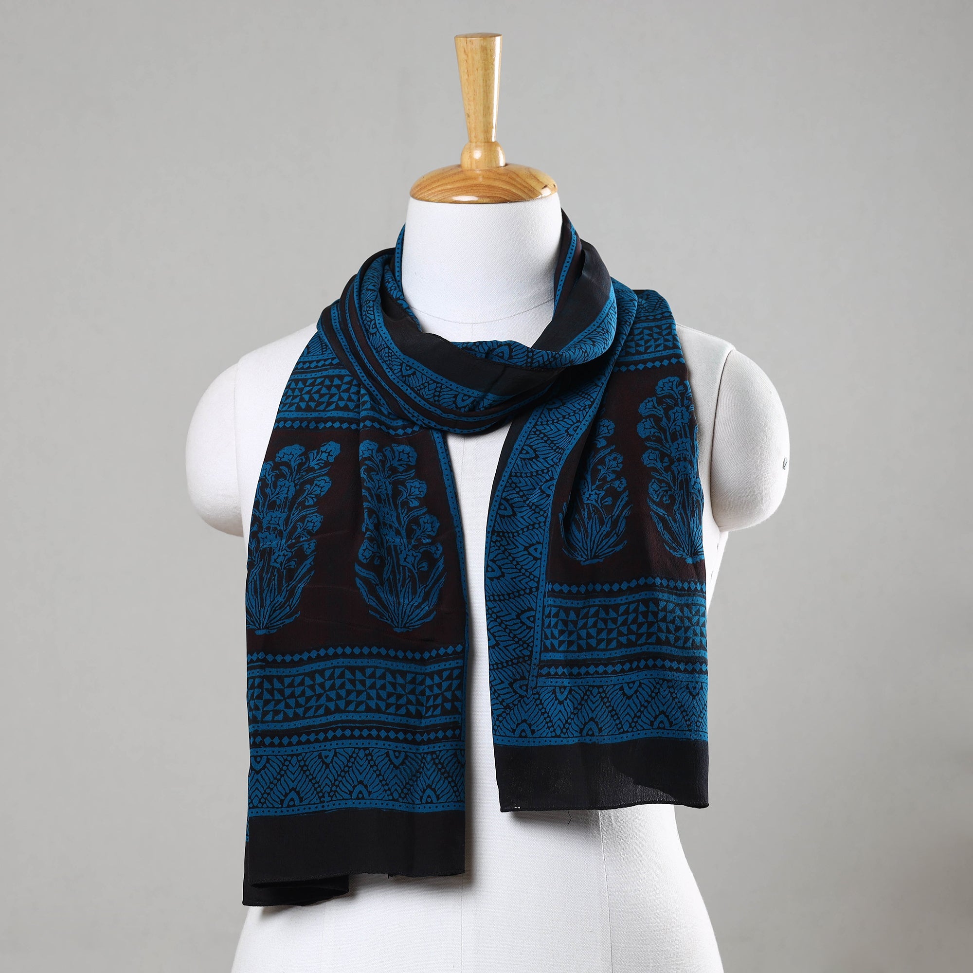 BAGH PRINTS BY MOHAMMED BILAL KHATRI Blue - Bagh Hand Block Printed Crepe Silk Stole