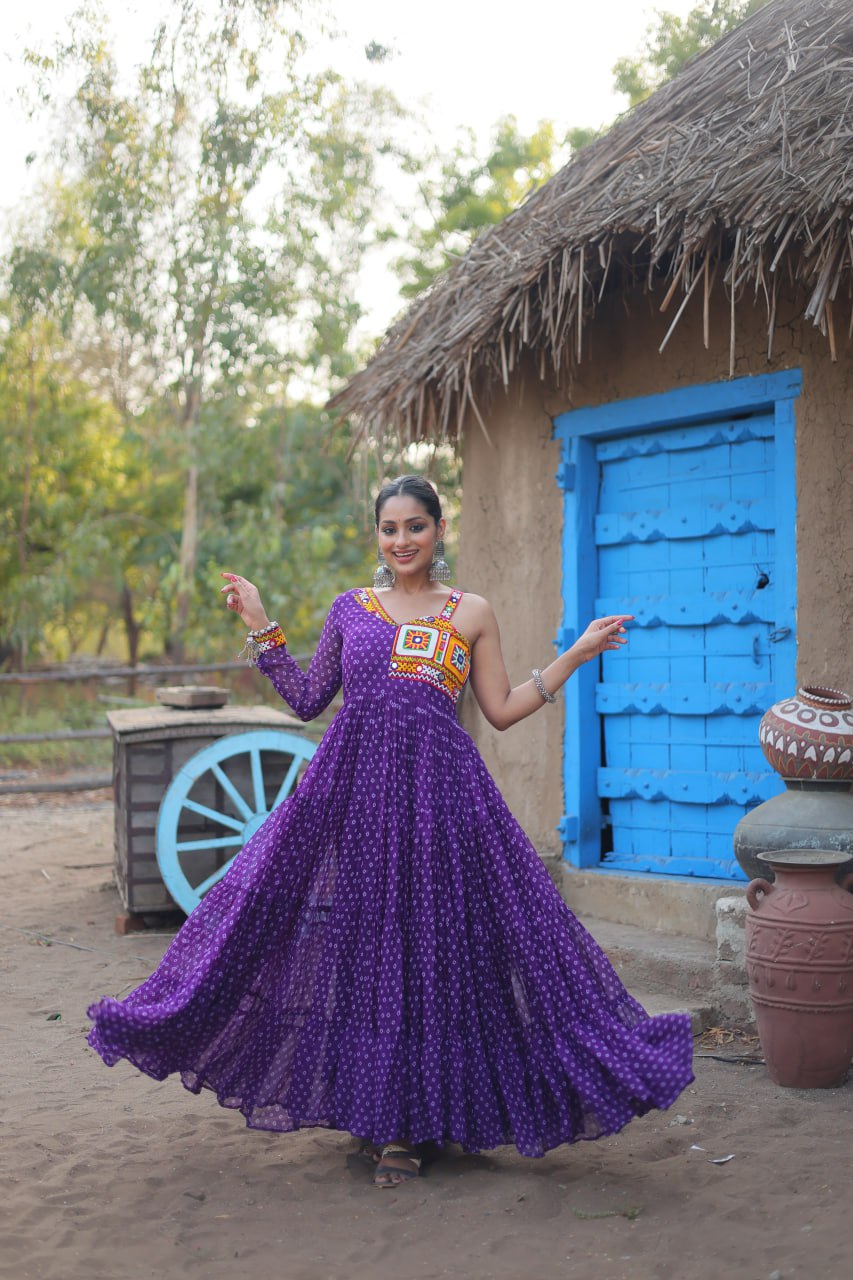 ClothsVilla.com Purple Elegant Bandhani Print Faux Georgette Gown with Kutchi Patchwork - view 3