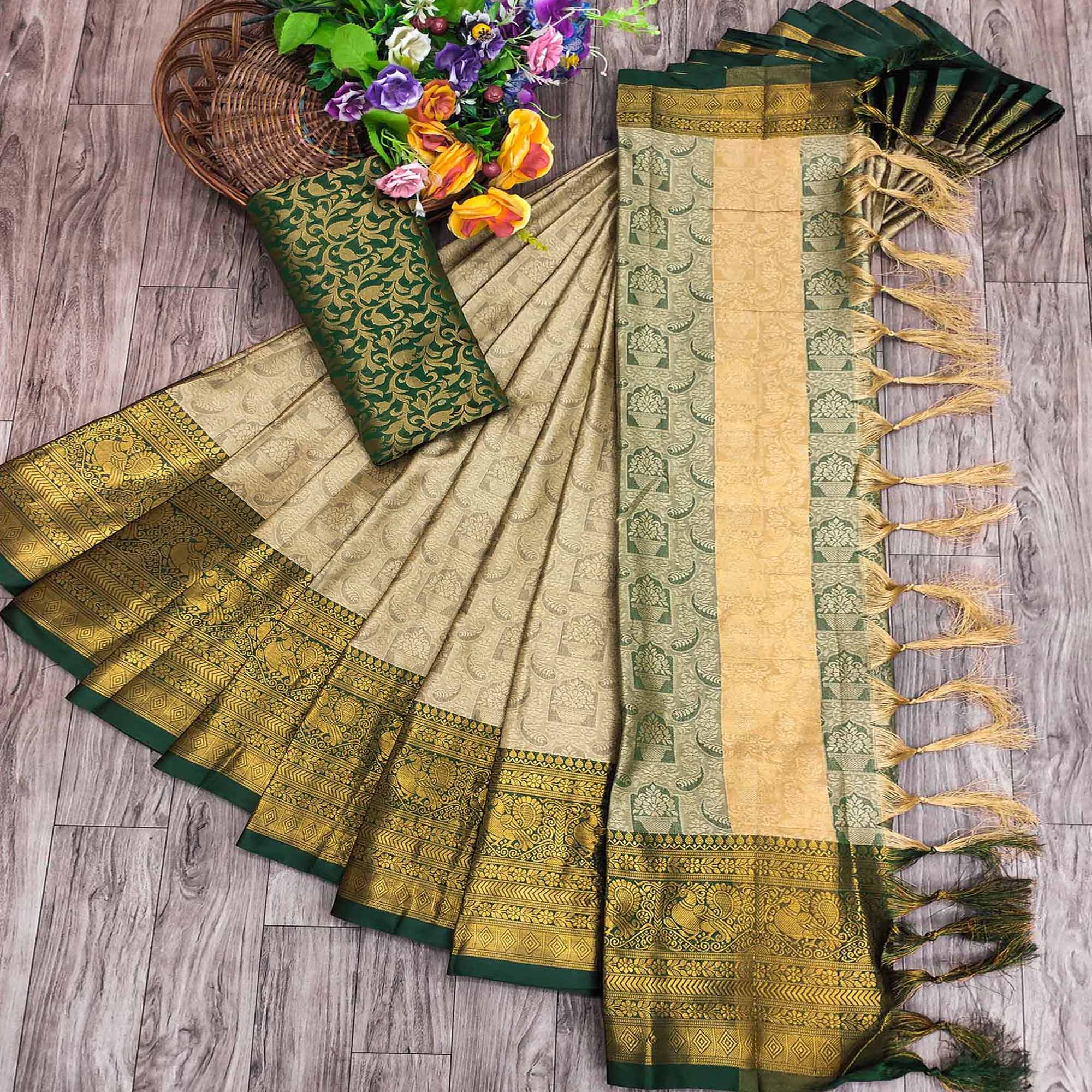Peachmode Chikoo Woven Cotton Silk Saree With Tassels