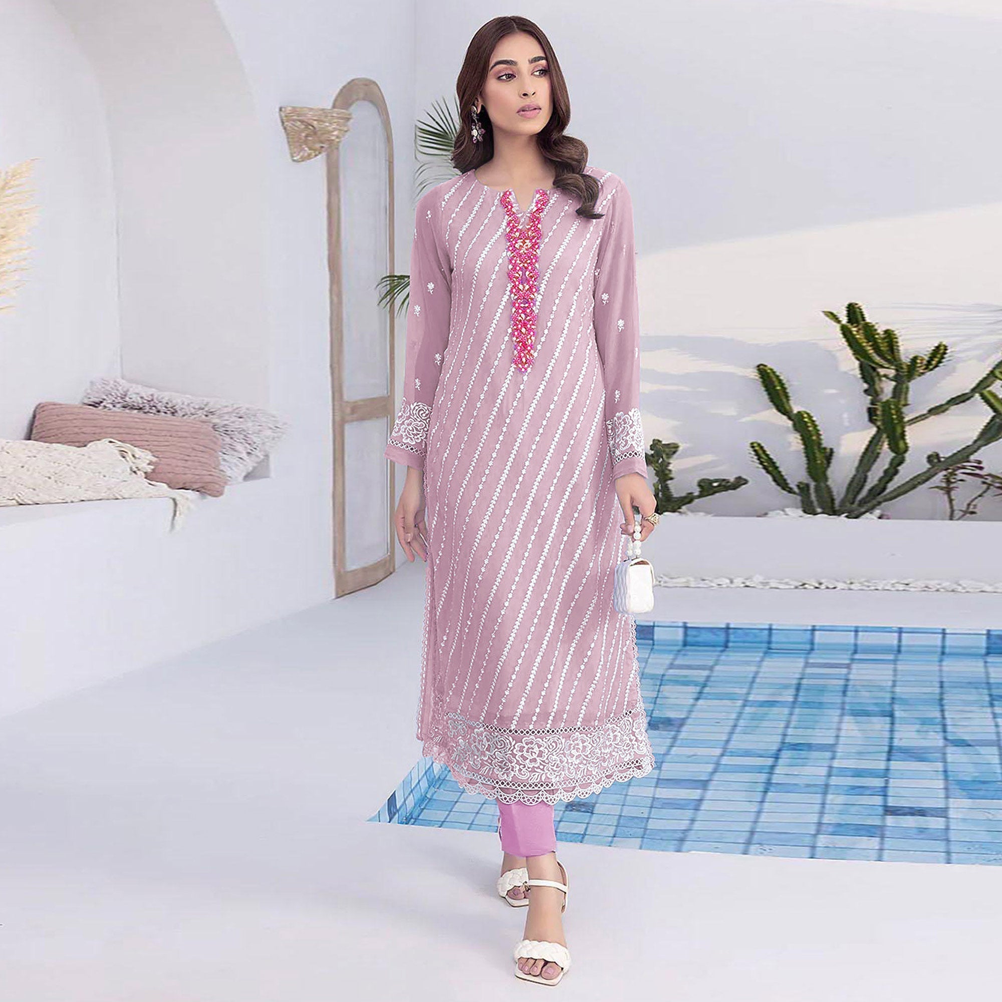 Peachmode Light Pink Floral Embroidered Georgette Semi Stitched Suit - view 2