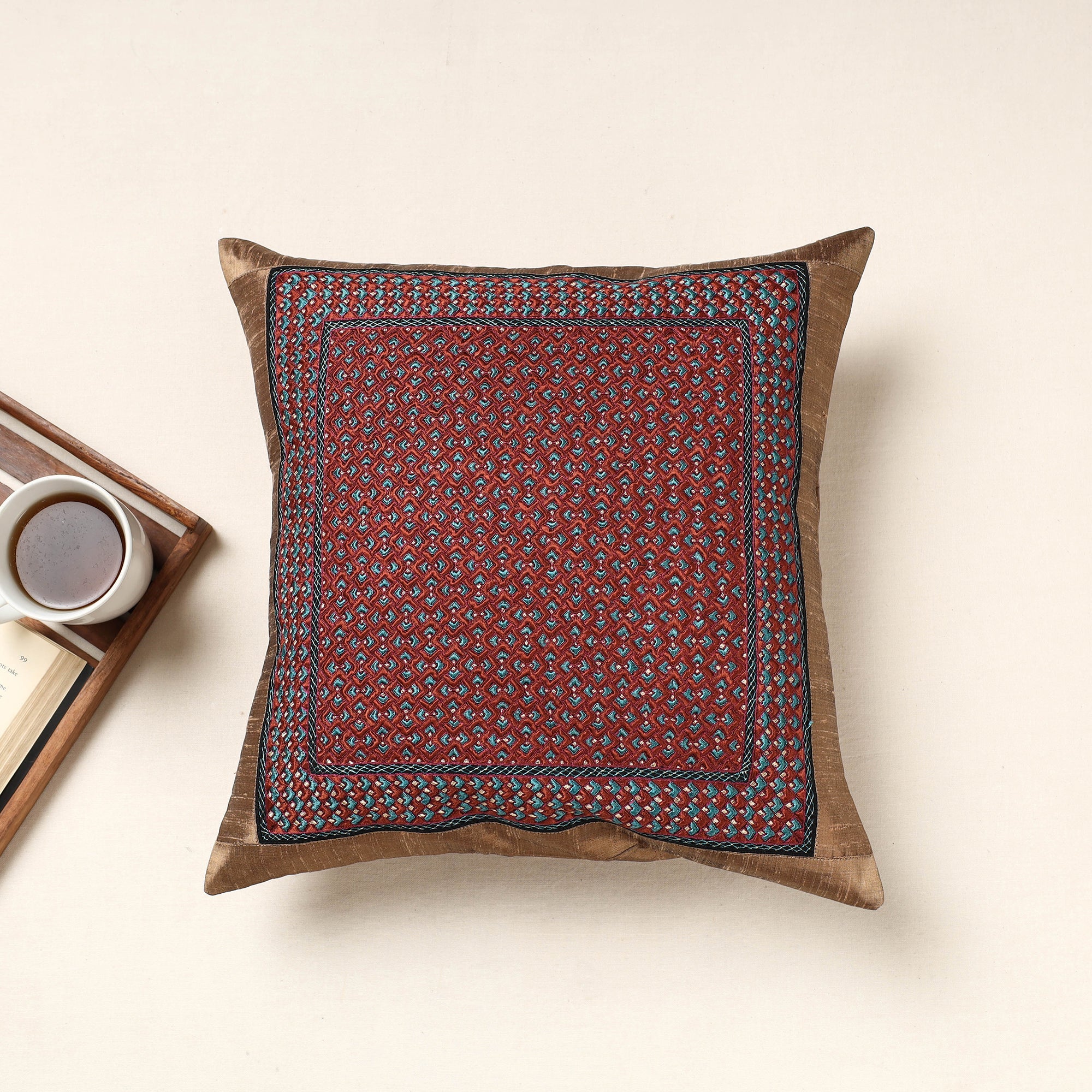 QASAB Brown - Kutch Neran Hand Embroidery Silk Cushion Cover (16 x 16 in)