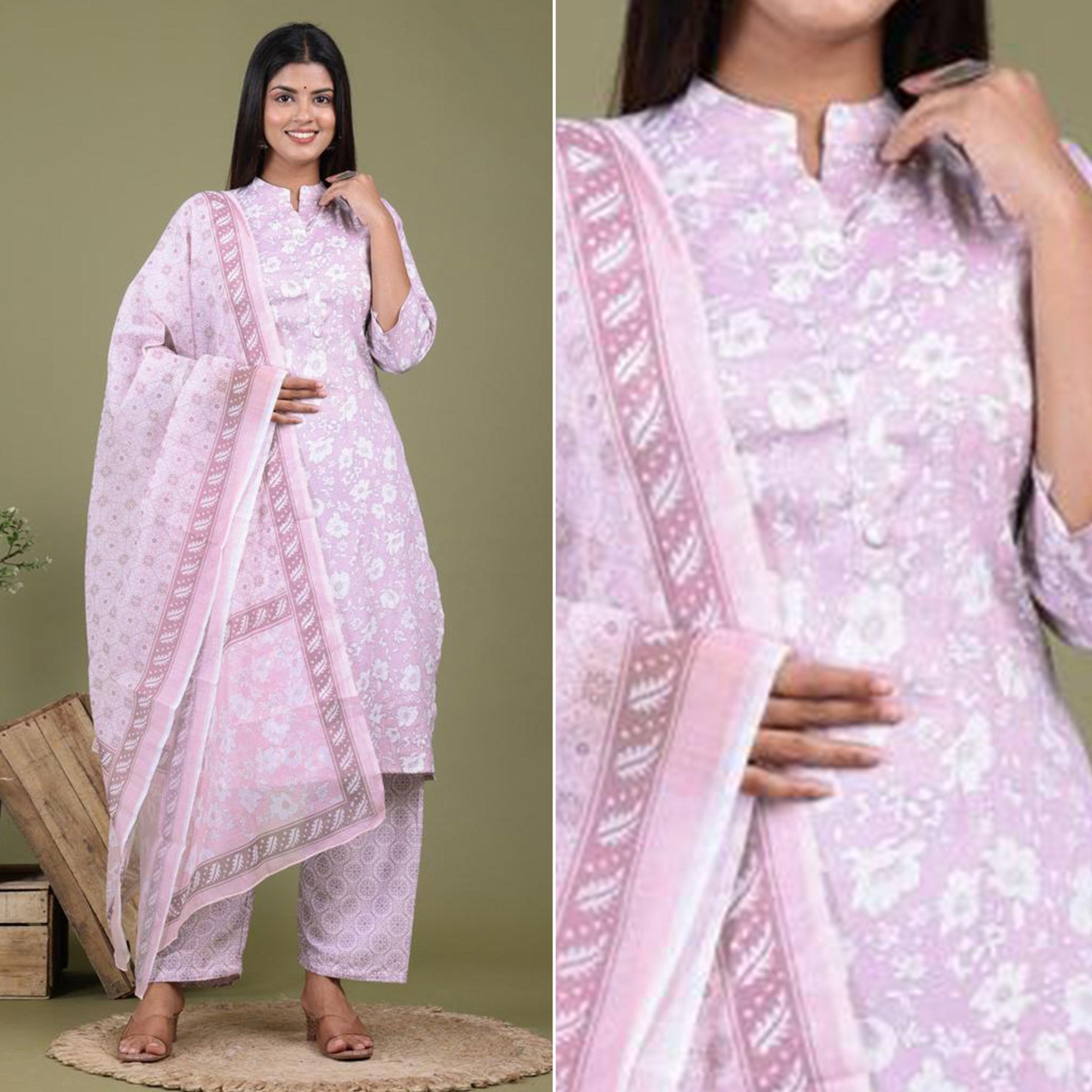 Peachmode Seller Lavender Floral Foil Printed Rayon Suit