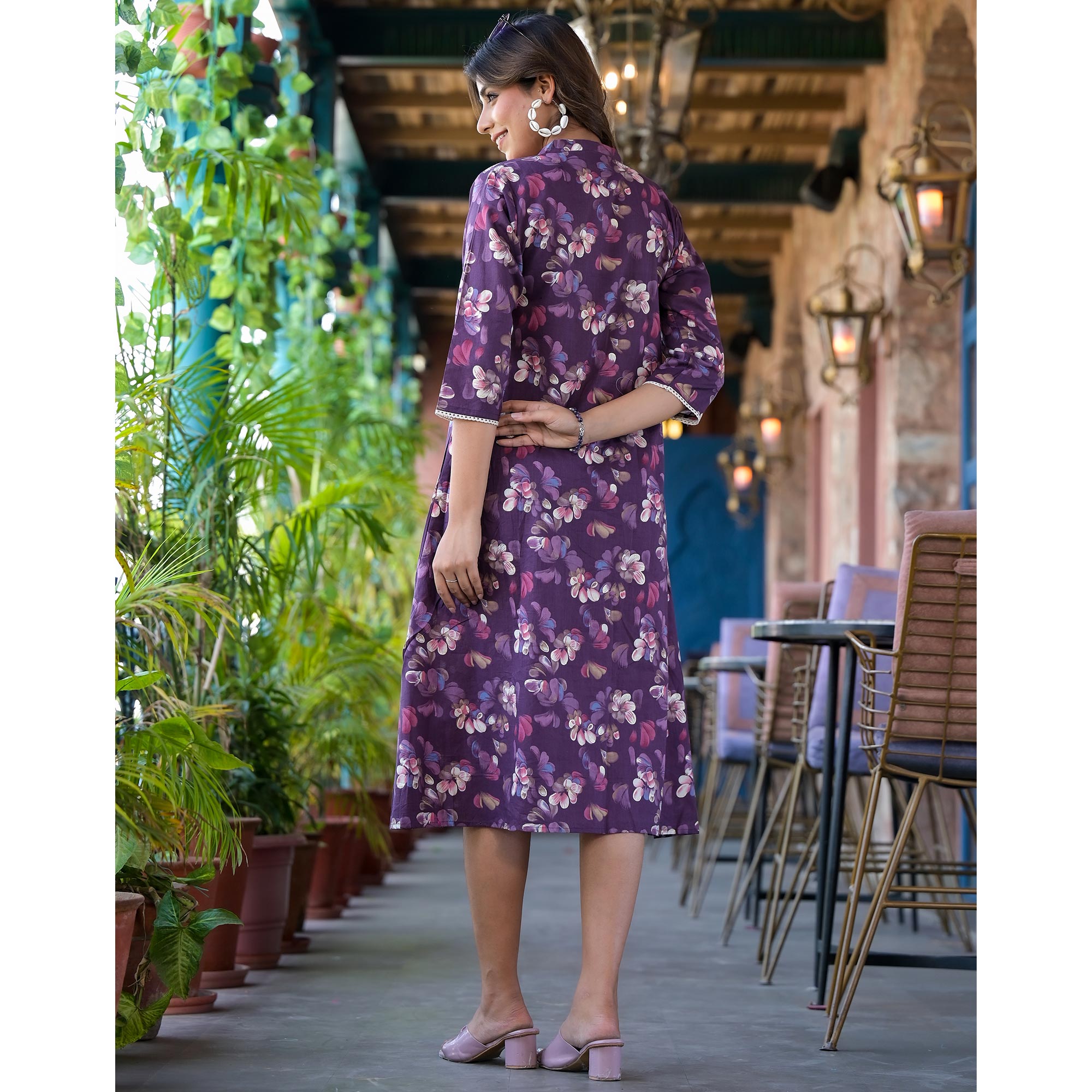 Peachmode Dark Purple Floral Foil Printed Giza Cotton A-Line Dress - view 6