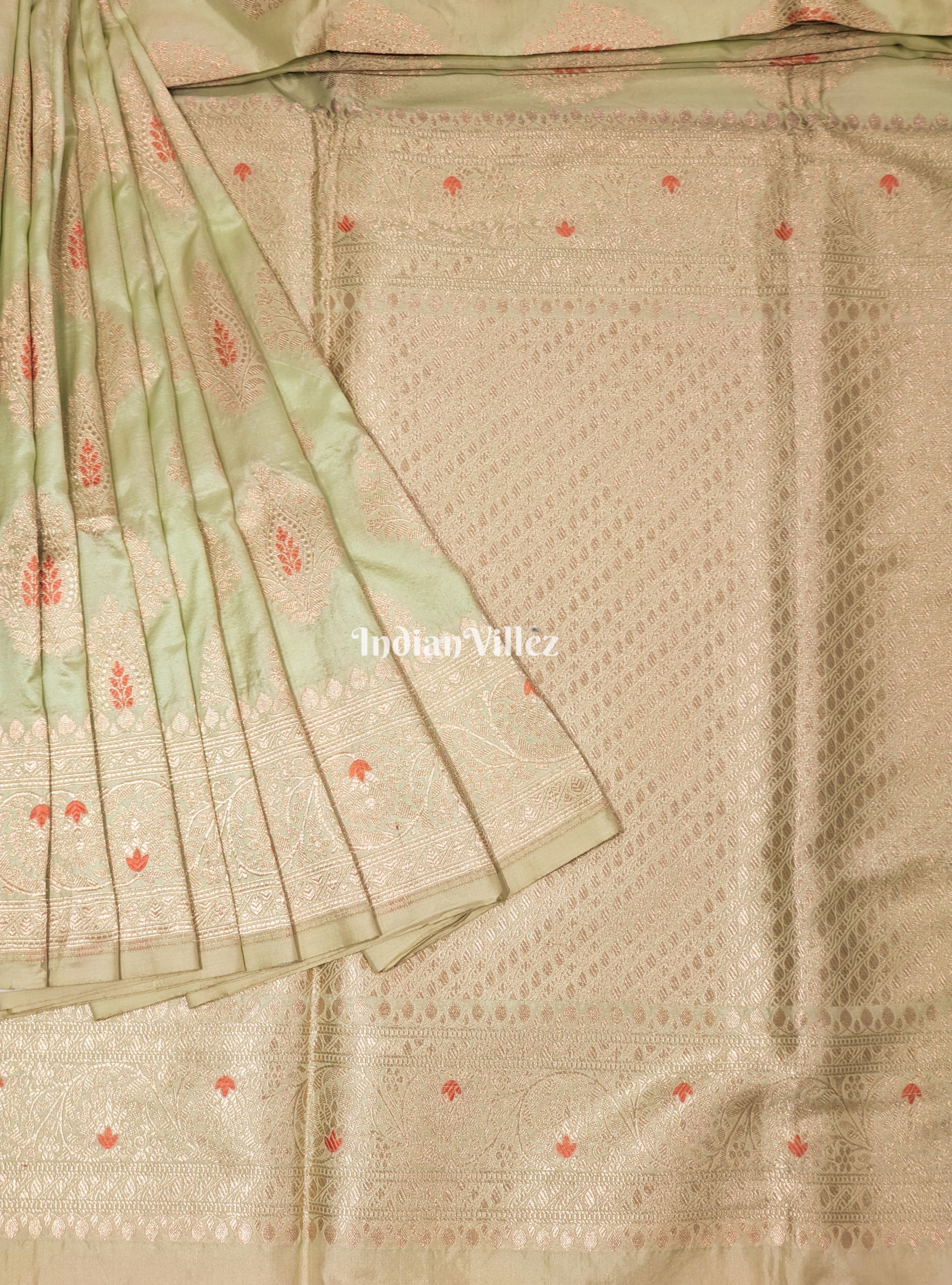 IndianVillèz Beige Floral Motif Designer Meenakari Banarasi Silk Saree