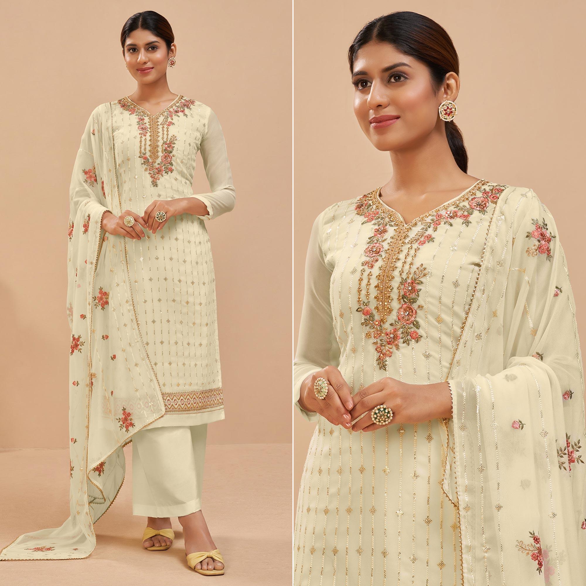 Peachmode Lemon Yellow Party Wear Embroidered Georgette Suit