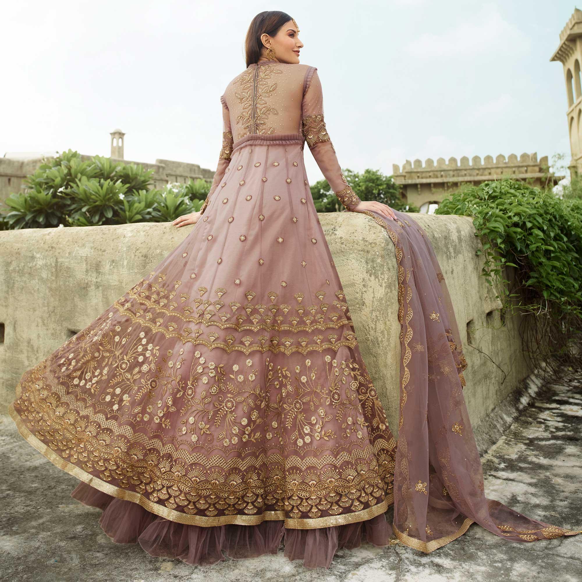 Peachmode Jazzy Mauve Coloured Partywear Embroidered Net Anarkali Suit - view 6