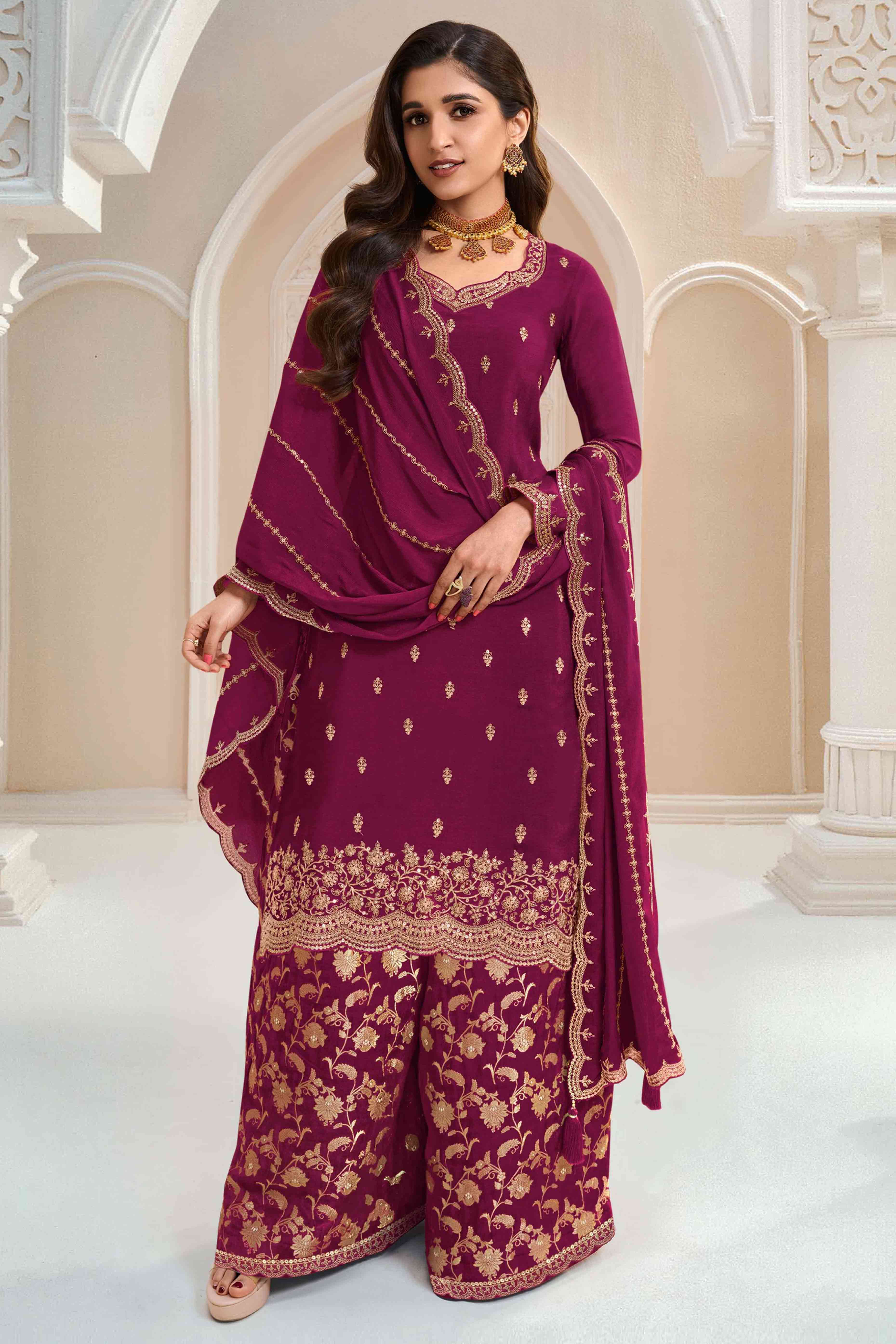 Peachmode Seller Dark Magenta Floral Sequins Embroidered Chinon Palazzo Suit