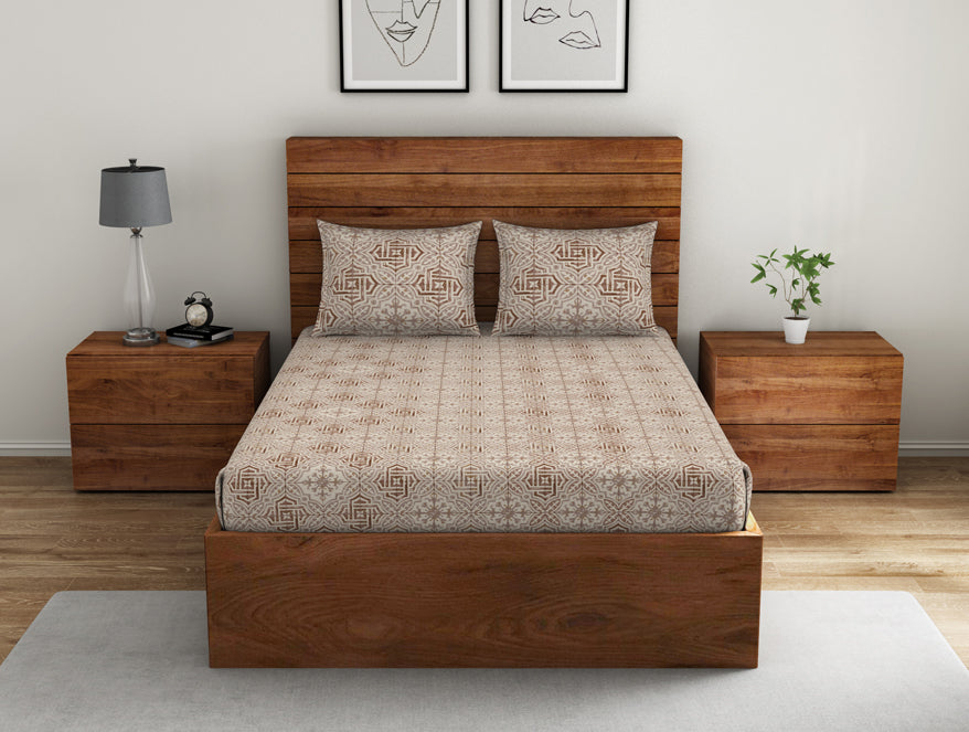 Spaces India Geometric Turtledove - Light Taupe 100% Cotton Double Bedsheet - Morroccan By Spaces