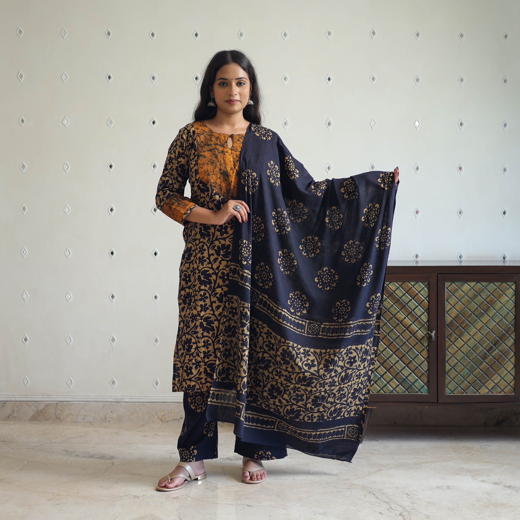 ITOKRI CASUALS Blue - Batik Print Cotton Kurta with Palazzo & Dupatta Suit Set 07 - view 3