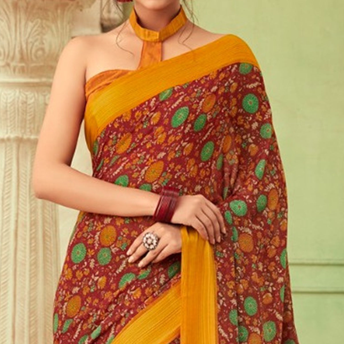 Peachmode Maroon Floral Printed Chiffon Saree - view 2