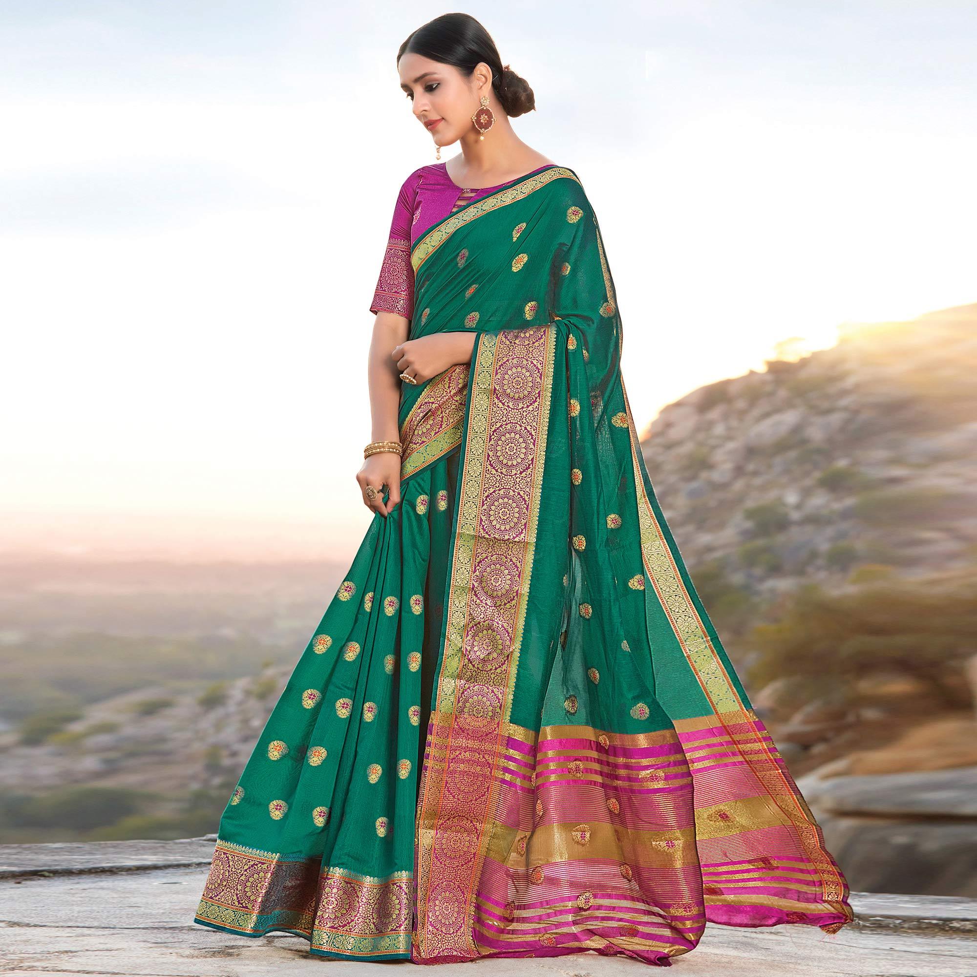 Peachmode Entrancing Green Colored Festive Wear Woven Cotton Handloom Saree