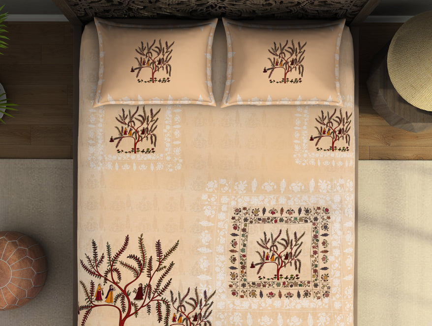 Spaces India Floral Creme Brulee - Beige 100% Cotton King Size Bedsheet - Chamba Rumal - Rangana By Spaces - view 3