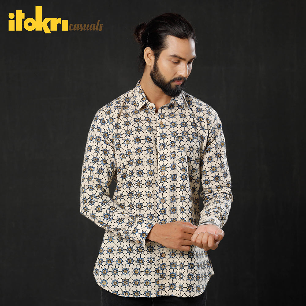 ITOKRI CASUALS Beige - Geometric Buta Ajrakh Block Printed Cotton Men Full Sleeve Shirt