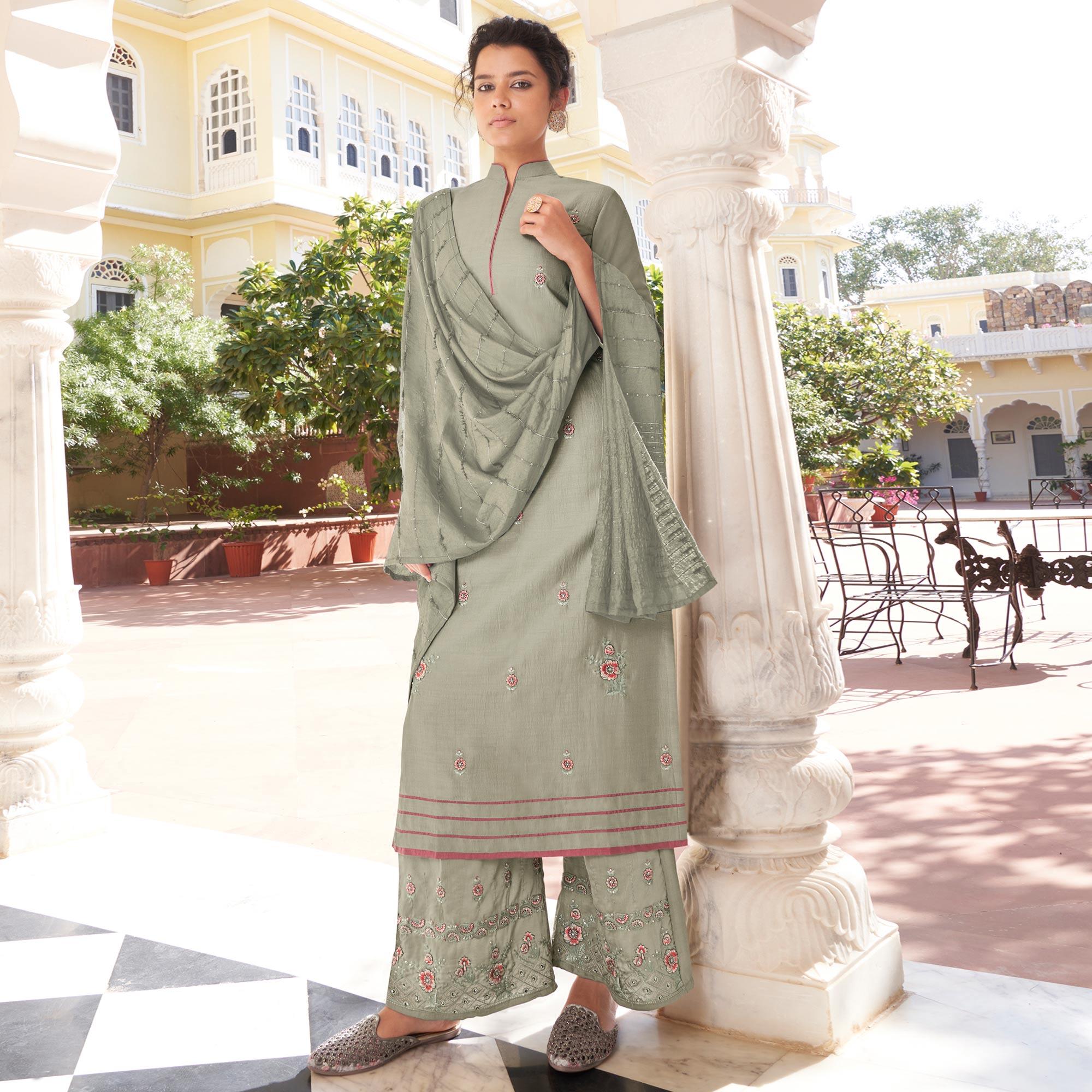Peachmode Seller Light Grey Casual Wear Embroidered Pure Modal Viscose Palazzo Suit