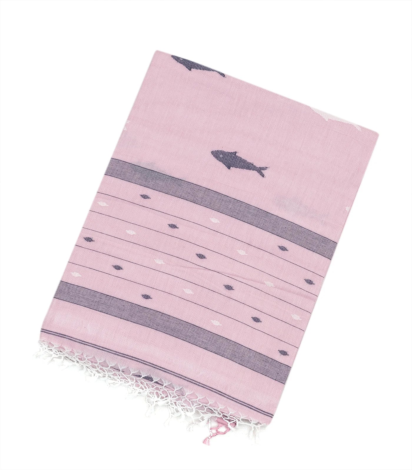 RmKV Baby Pink Handloom Bengal Cotton Saree With Fish Motifs
