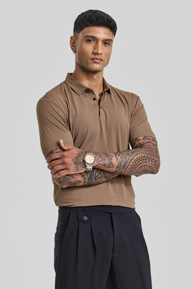SNITCH Light Brown Textured Polo T-Shirt