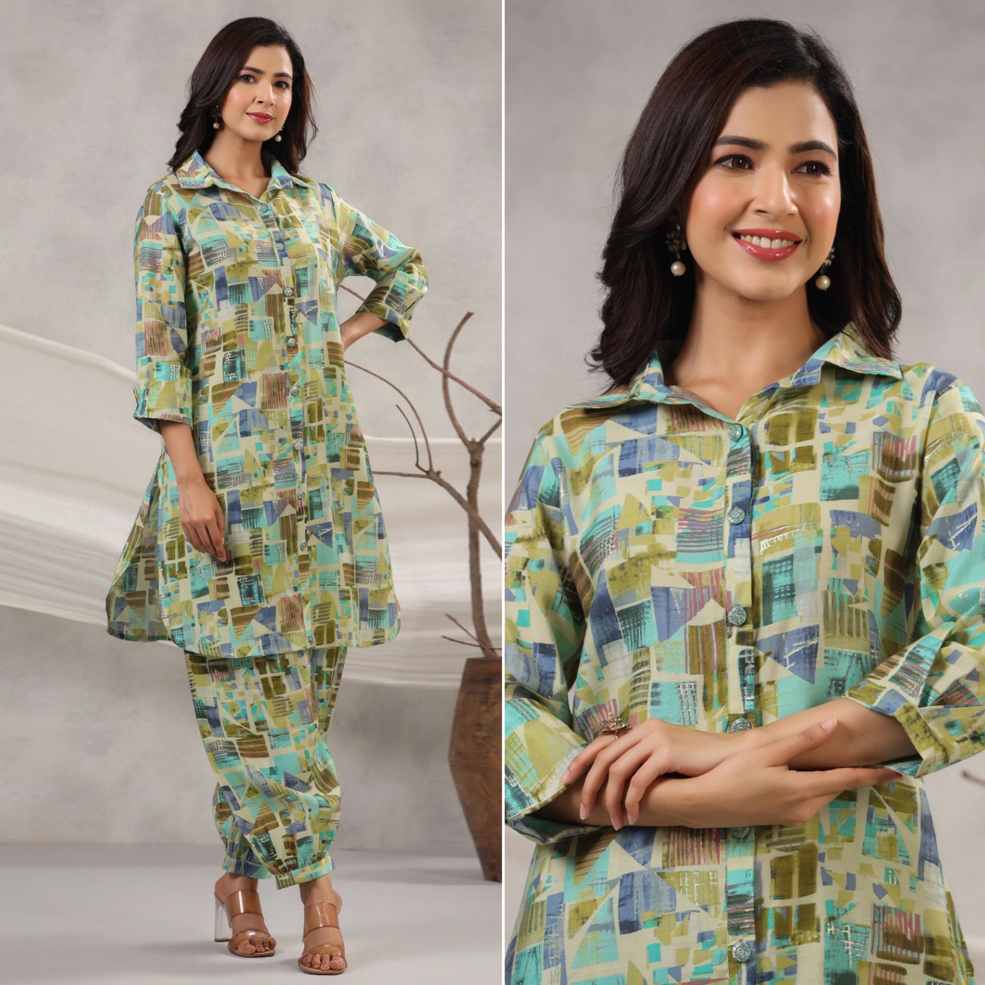 Green co-ords – BlackTree green-geometric-printed-muslin-co-ord-set