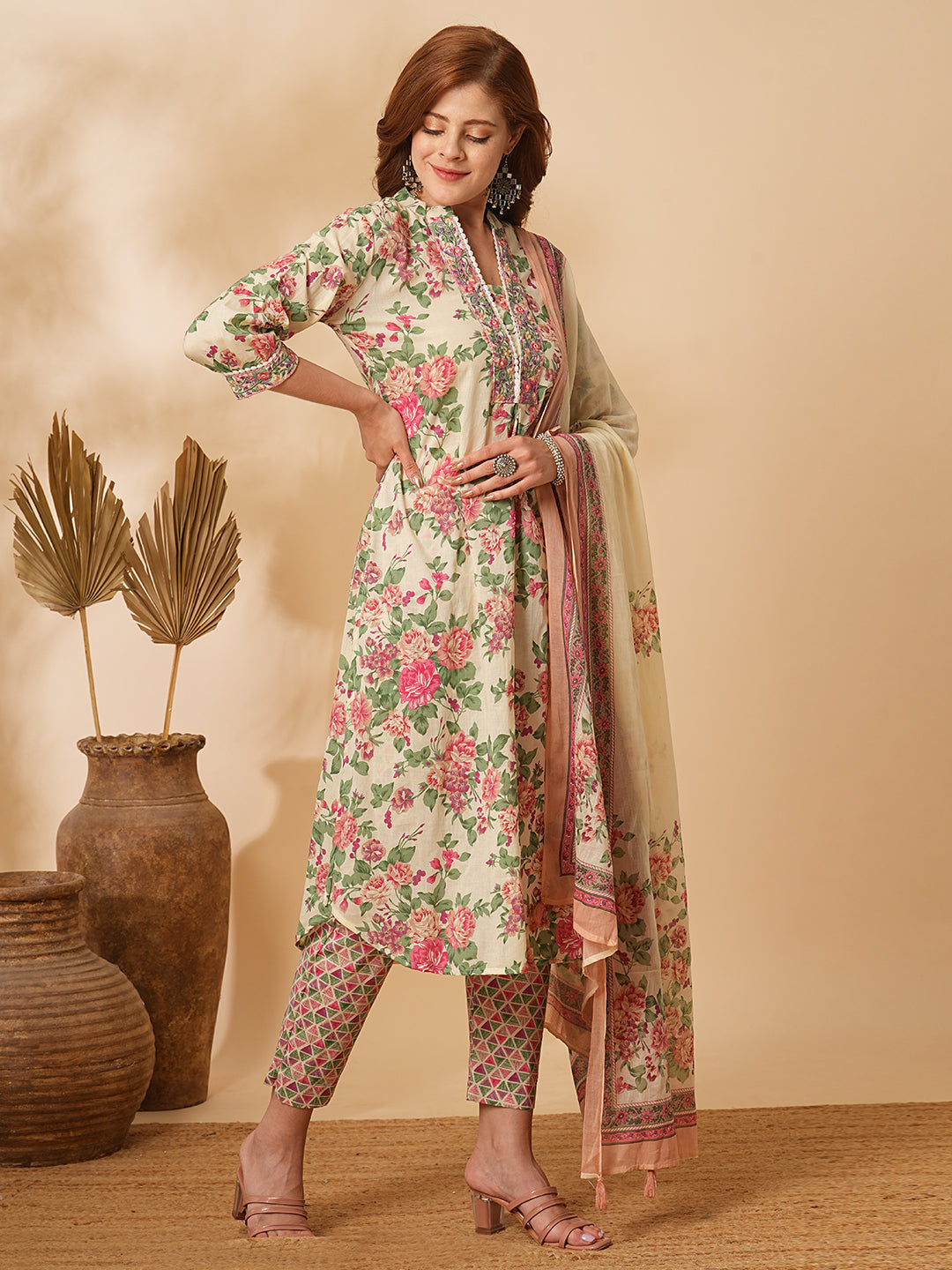 Fashor Floral Printed & Embroidered A-Line Kurta with Pant & Dupatta - Cream - view 5