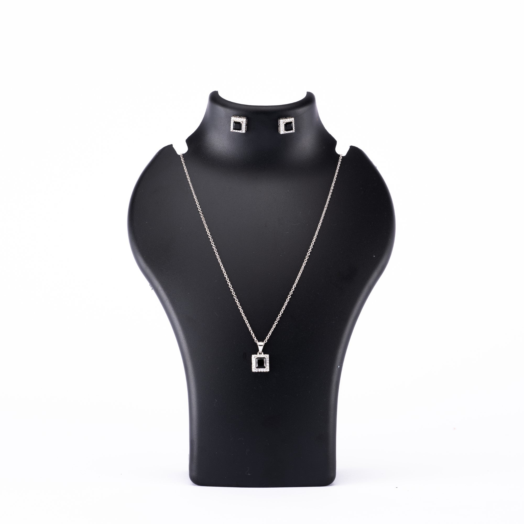 Prinjal Jewellers Silver set Chain square pendant and earrings with black stones for women - view 2